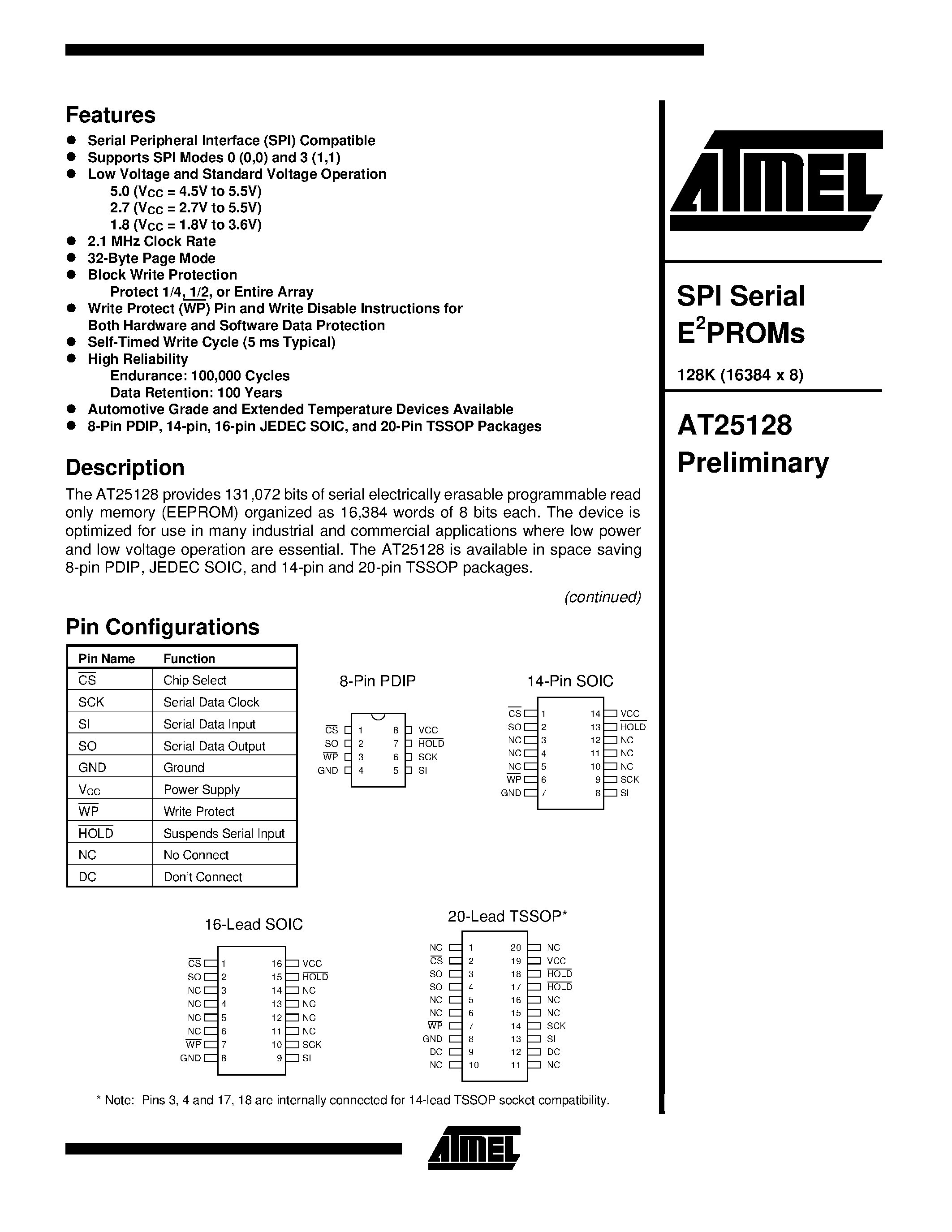 Datasheet AT25128-10SC-1.8 page 1 Datasheet AT25128-10SC-1.8 - SPI Serial E2PROMs page 1
