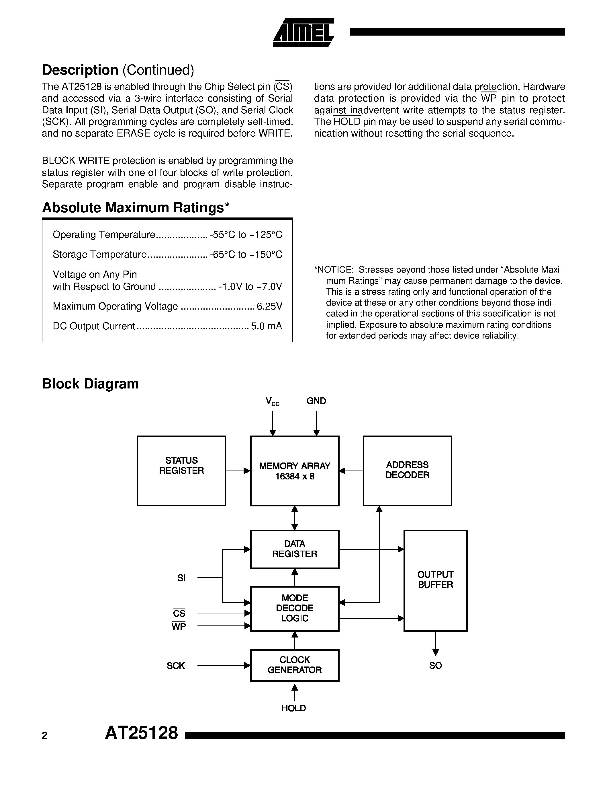 Datasheet AT25128-10SC-1.8 page 2 Datasheet AT25128-10SC-1.8 - SPI Serial E2PROMs page 2
