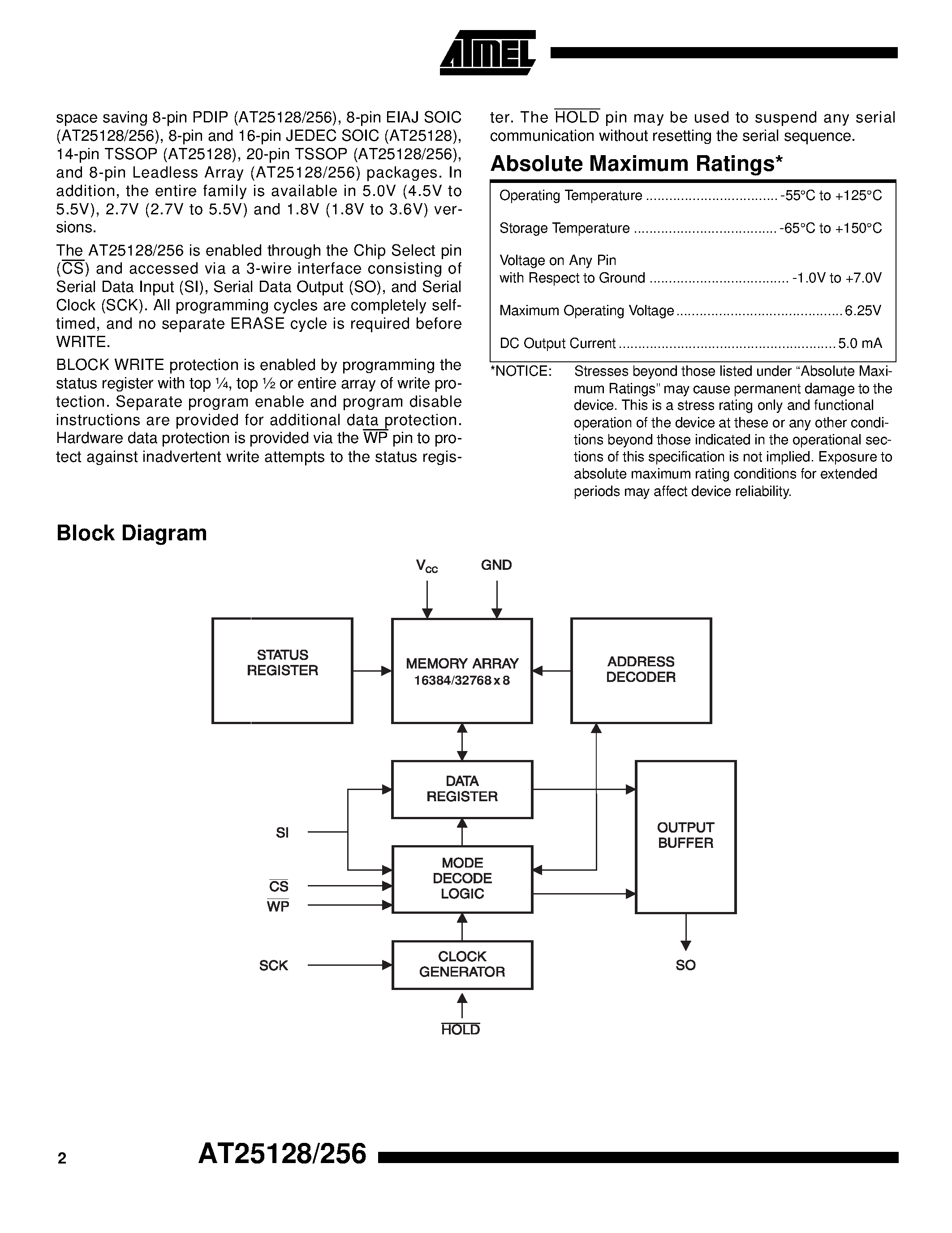 Datasheet AT25256T2-10TI-1.8 - SPI Serial EEPROMs page 2