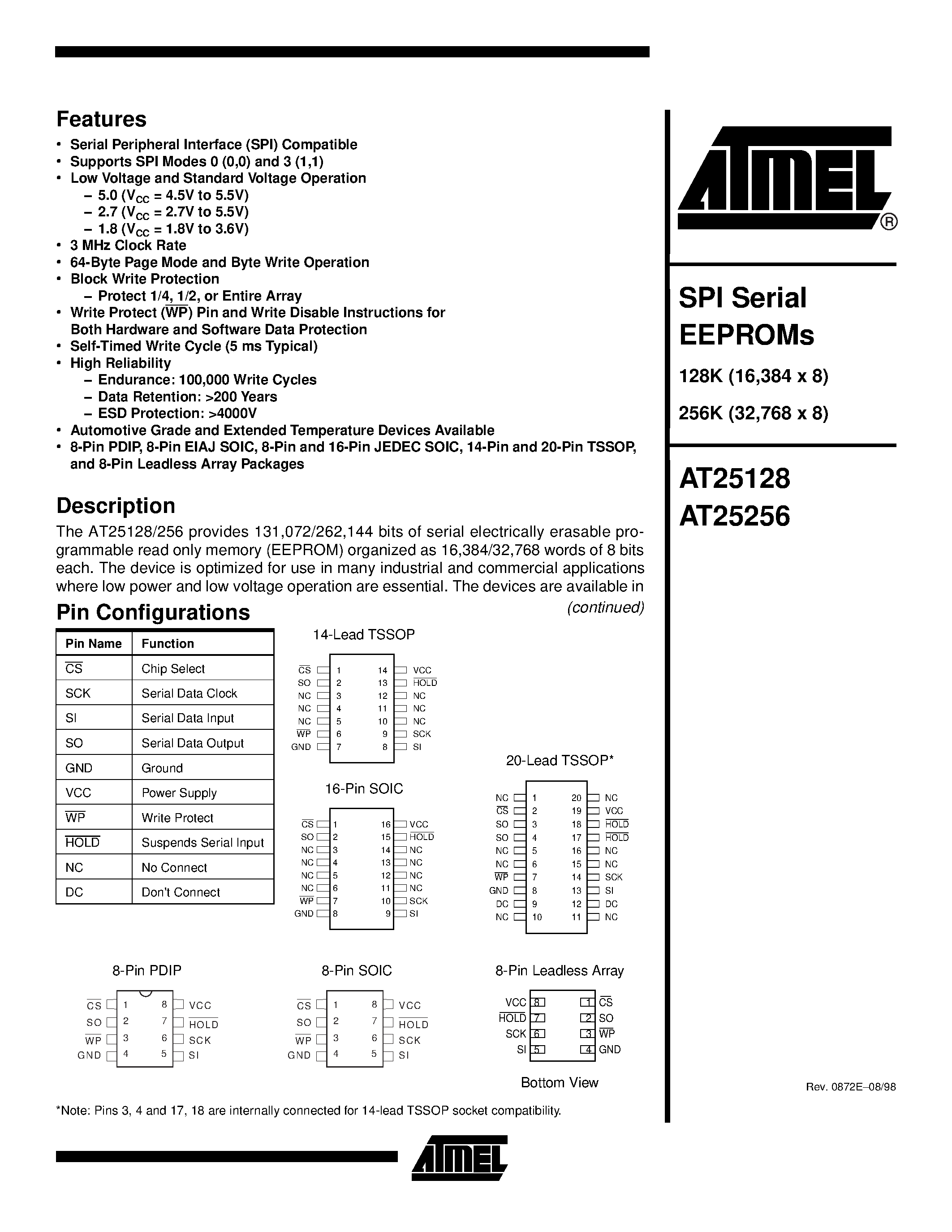 Datasheet AT25256W-10SC - SPI Serial EEPROMs page 1
