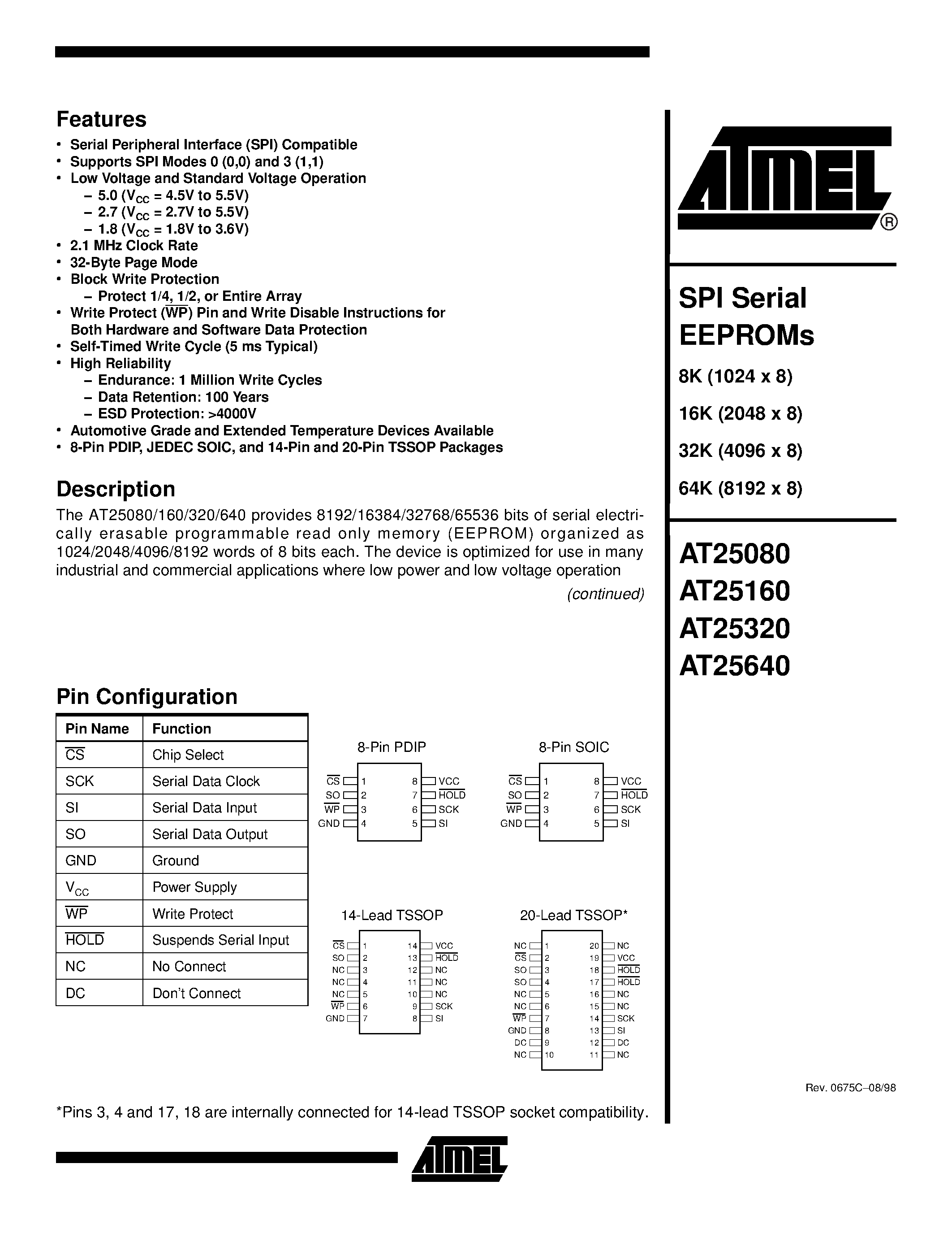 Datasheet AT25320T2-10TC-2.7 - SPI Serial EEPROMs page 1