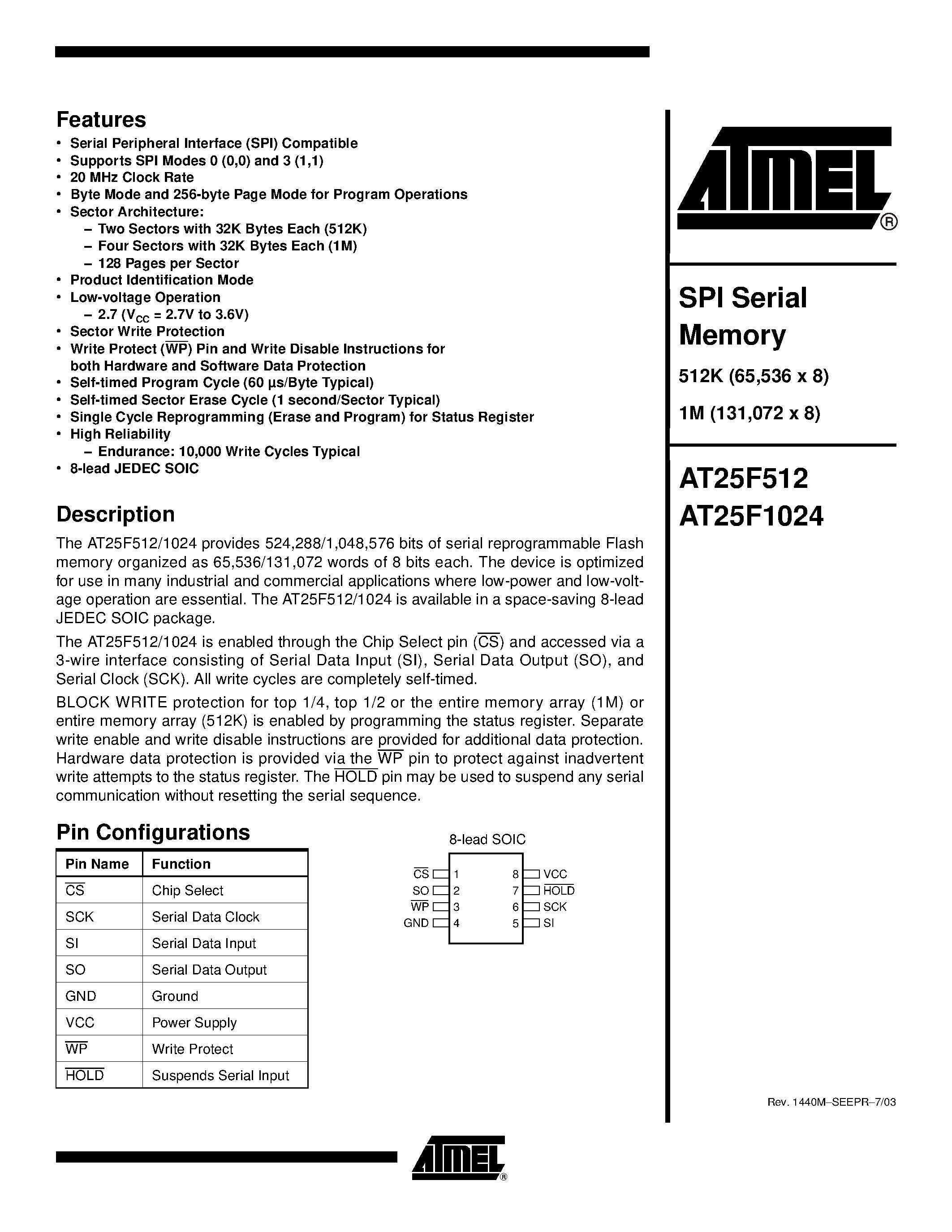 Datasheet AT25F1024 - SPI Serial Memory page 1