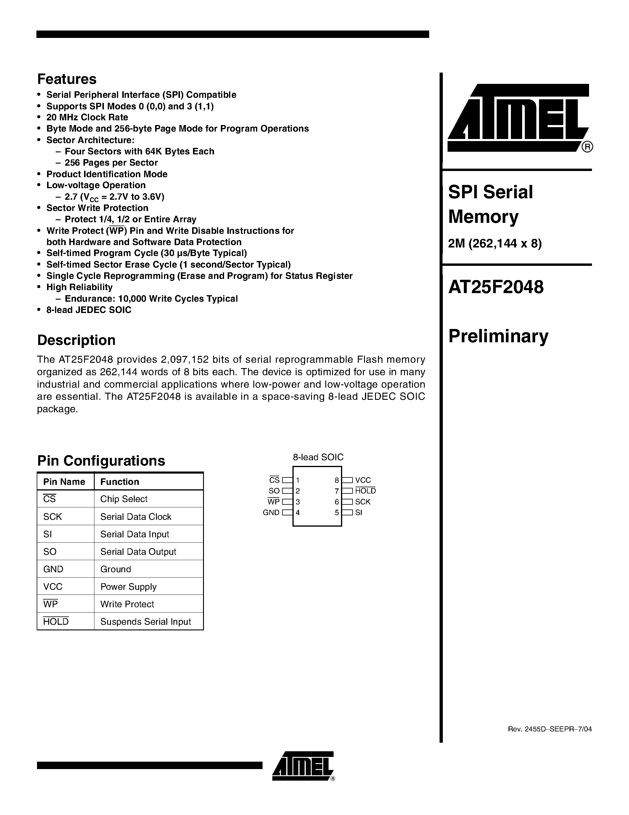Datasheet AT25F2048 - SPI Serial Memory 2M (262/144 x 8) page 1