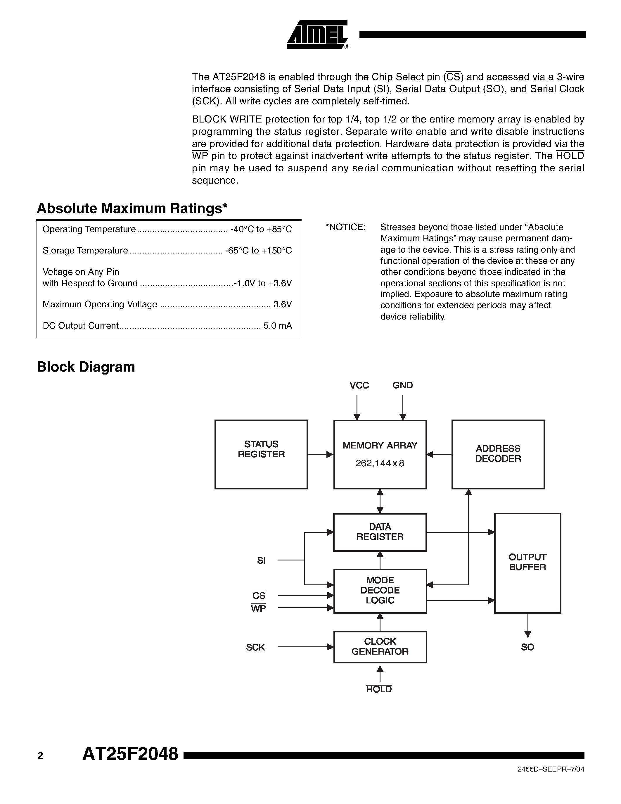Datasheet AT25F2048 - SPI Serial Memory 2M (262/144 x 8) page 2