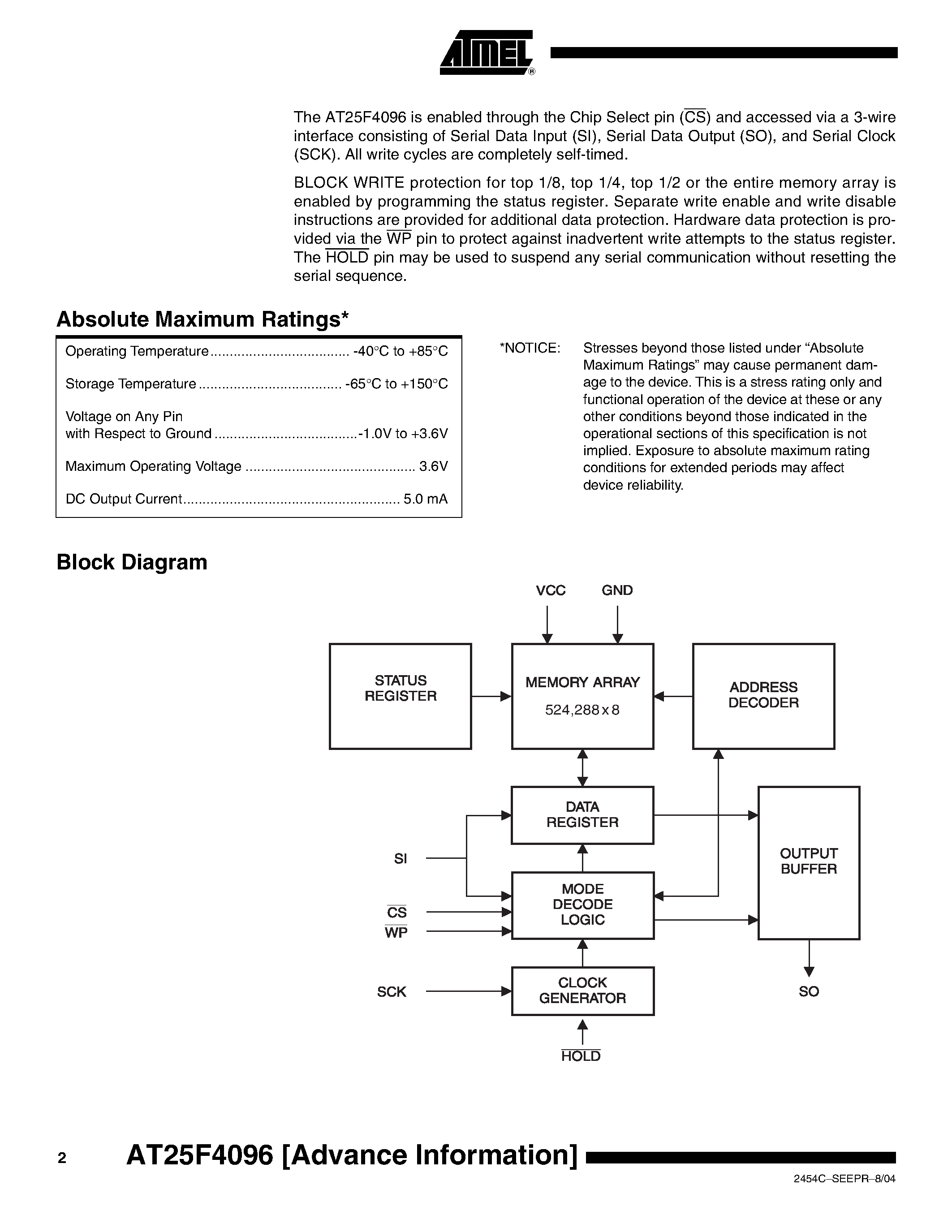 Datasheet AT25F4096W-10SU-2.7 page 2 Datasheet AT25F4096W-10SU-2.7 - SPI SERIAL MEMORY 4M page 2