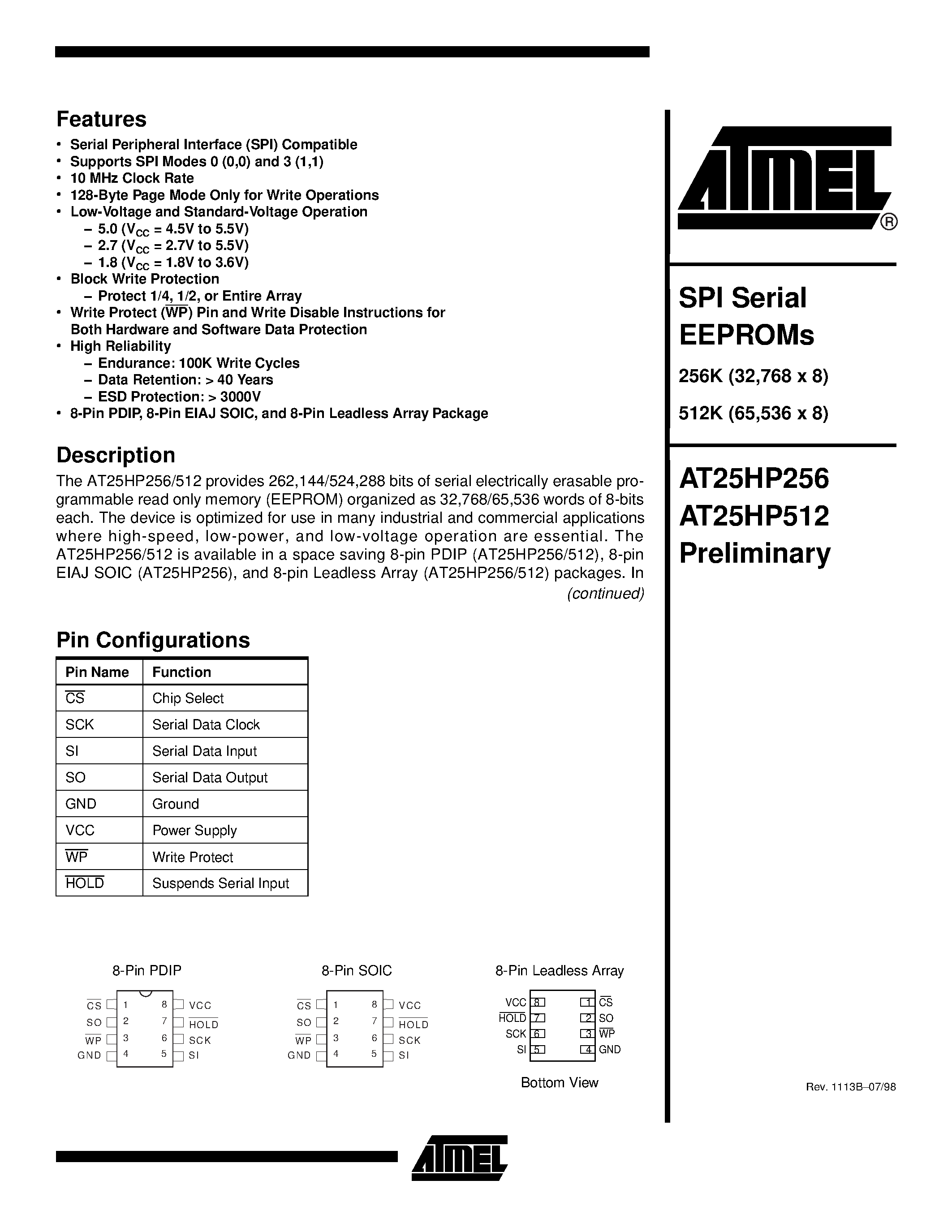 Datasheet AT25HP512-10PI - SPI Serial EEPROMs page 1