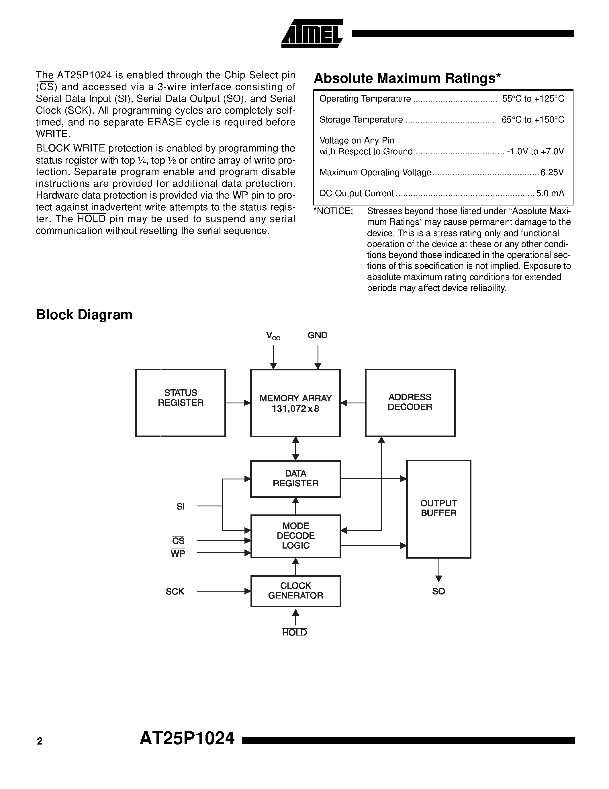 Datasheet AT25P1024C1-10CC - SPI Serial EEPROMs page 2