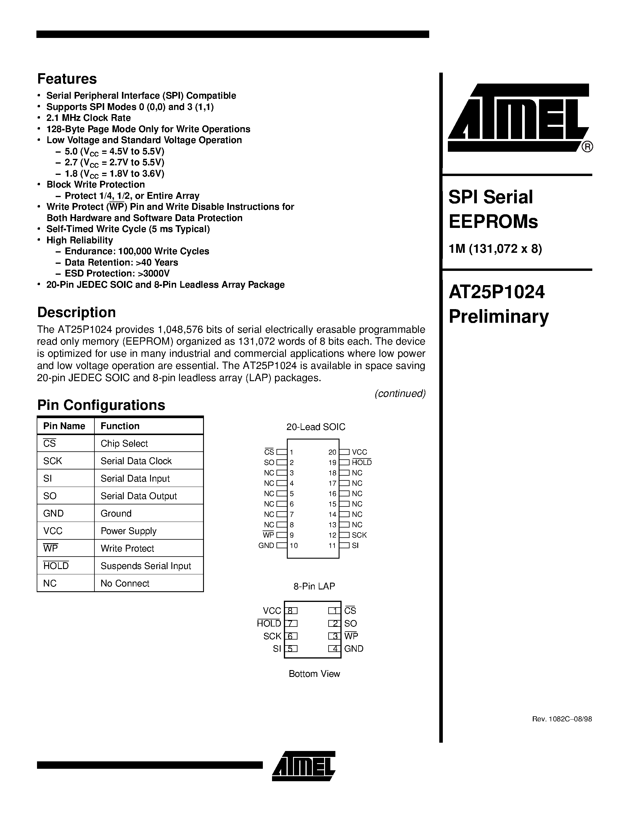 Datasheet AT25P1024C1-10CC-2.7 - SPI Serial EEPROMs page 1