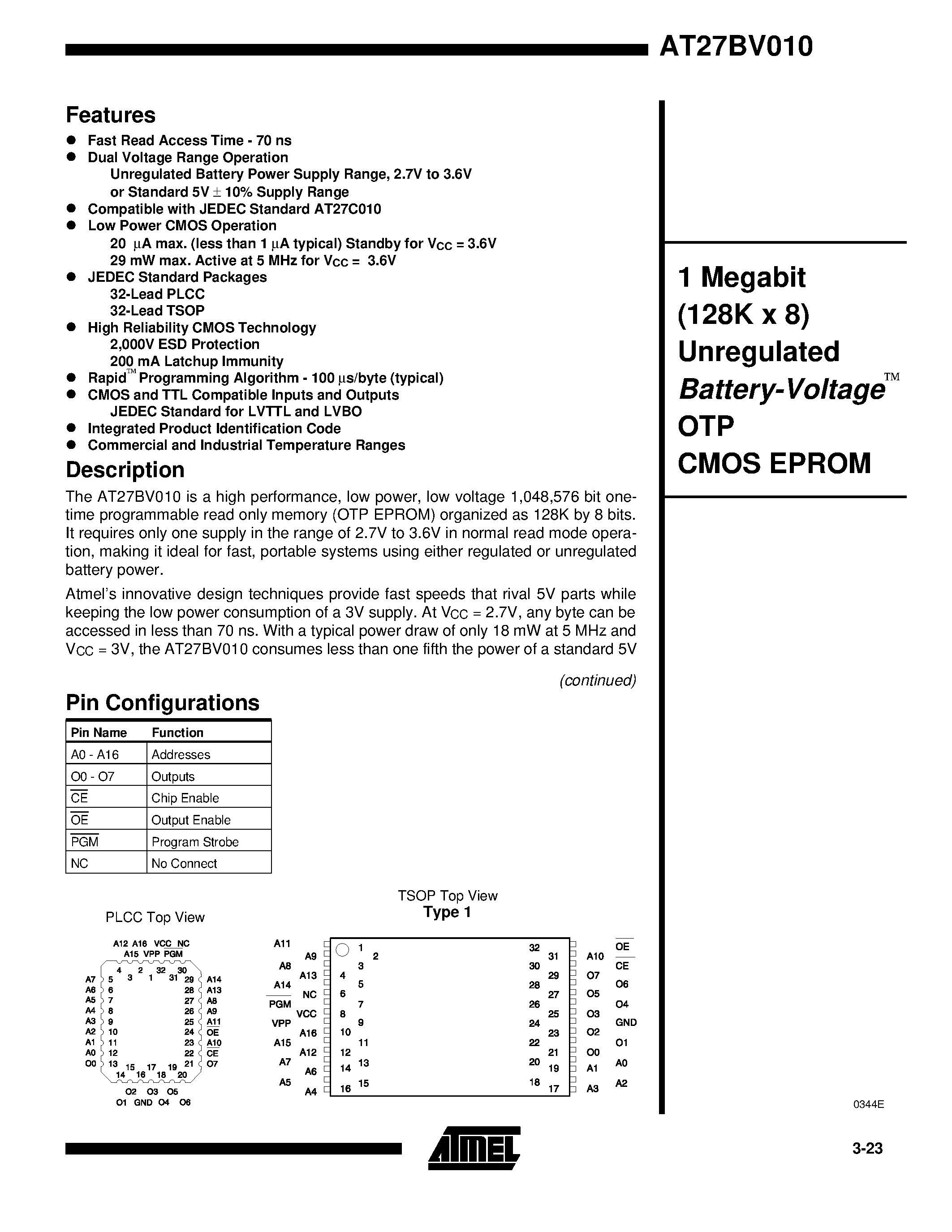 Даташит на микросхему AT27BV010 страница 1 Даташит AT27BV010 - 1 Megabit 128K x 8 Unregulated Battery-Voltage OTP CMOS EPROM страница 1