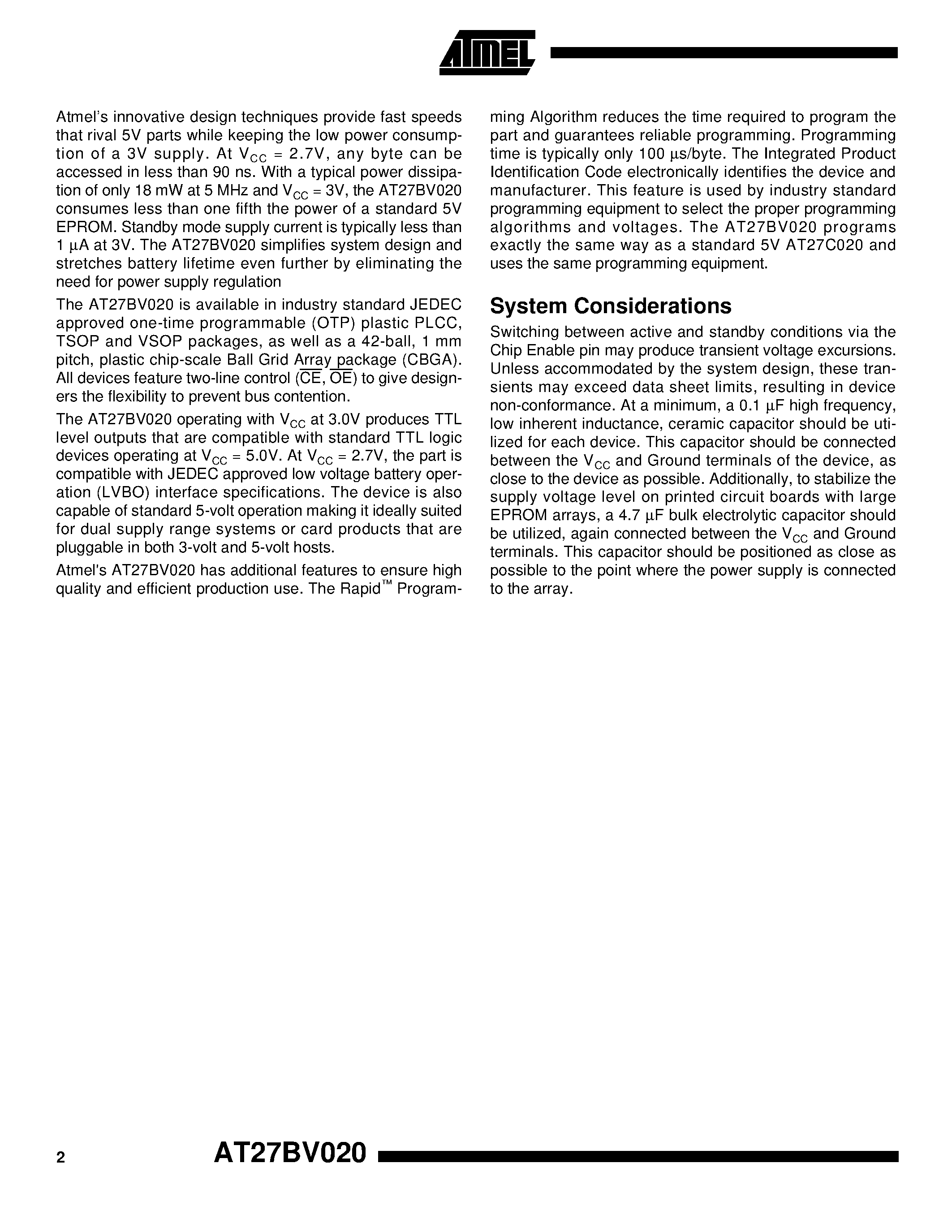 Datasheet AT27BV020-12VC page 2 Datasheet AT27BV020-12VC - 2-Megabit 256K x 8 Unregulated Battery-Voltage High Speed OTP EPROM page 2