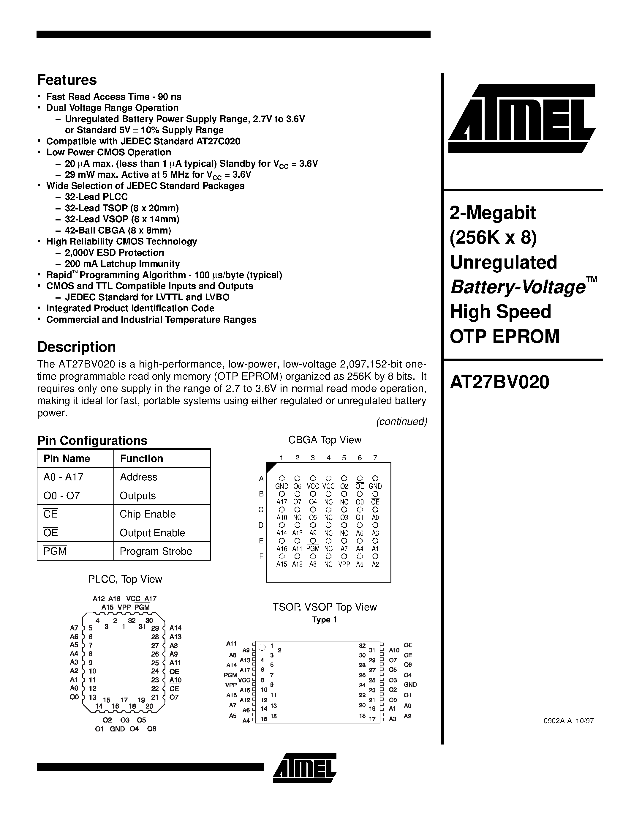 Даташит AT27BV020-90TC - 2-Megabit 256K x 8 Unregulated Battery-Voltage High Speed OTP EPROM страница 1