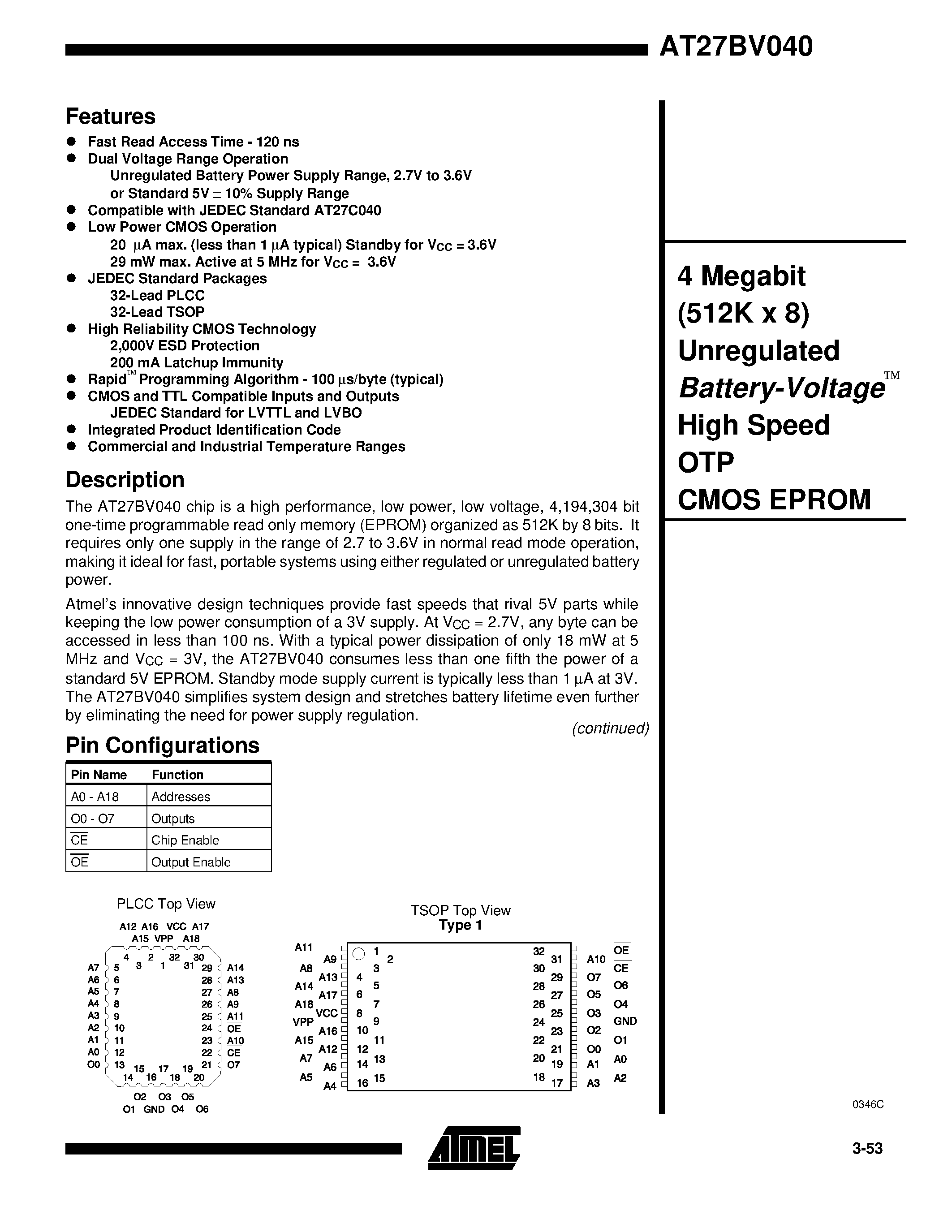 Datasheet AT27BV040-15JC - 4 Megabit 512K x 8 Unregulated Battery-Voltage High Speed OTP CMOS EPROM page 1