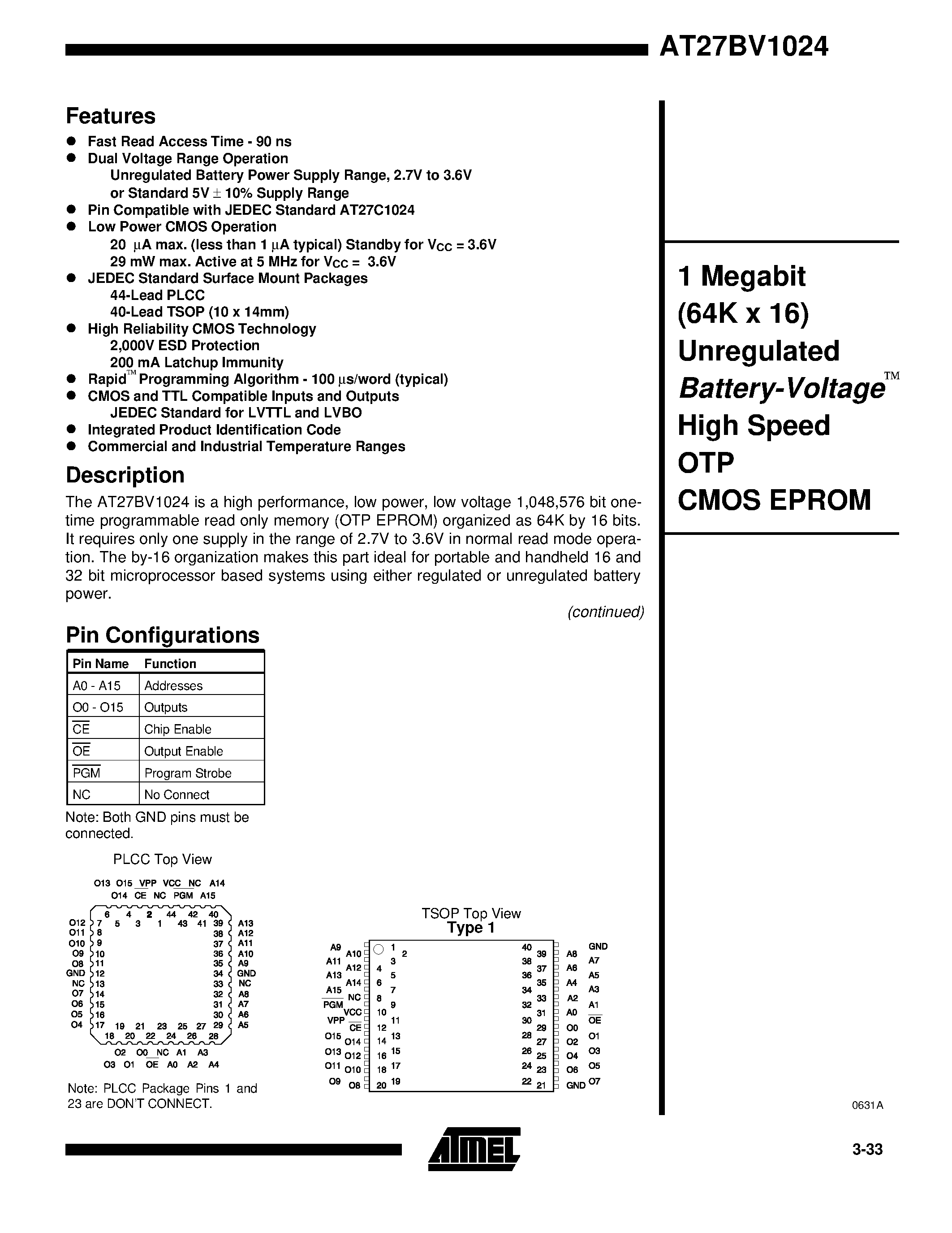 Даташит AT27BV1024-15JC - 1 Megabit 64K x 16 Unregulated Battery-Voltage High Speed OTP CMOS EPROM страница 1