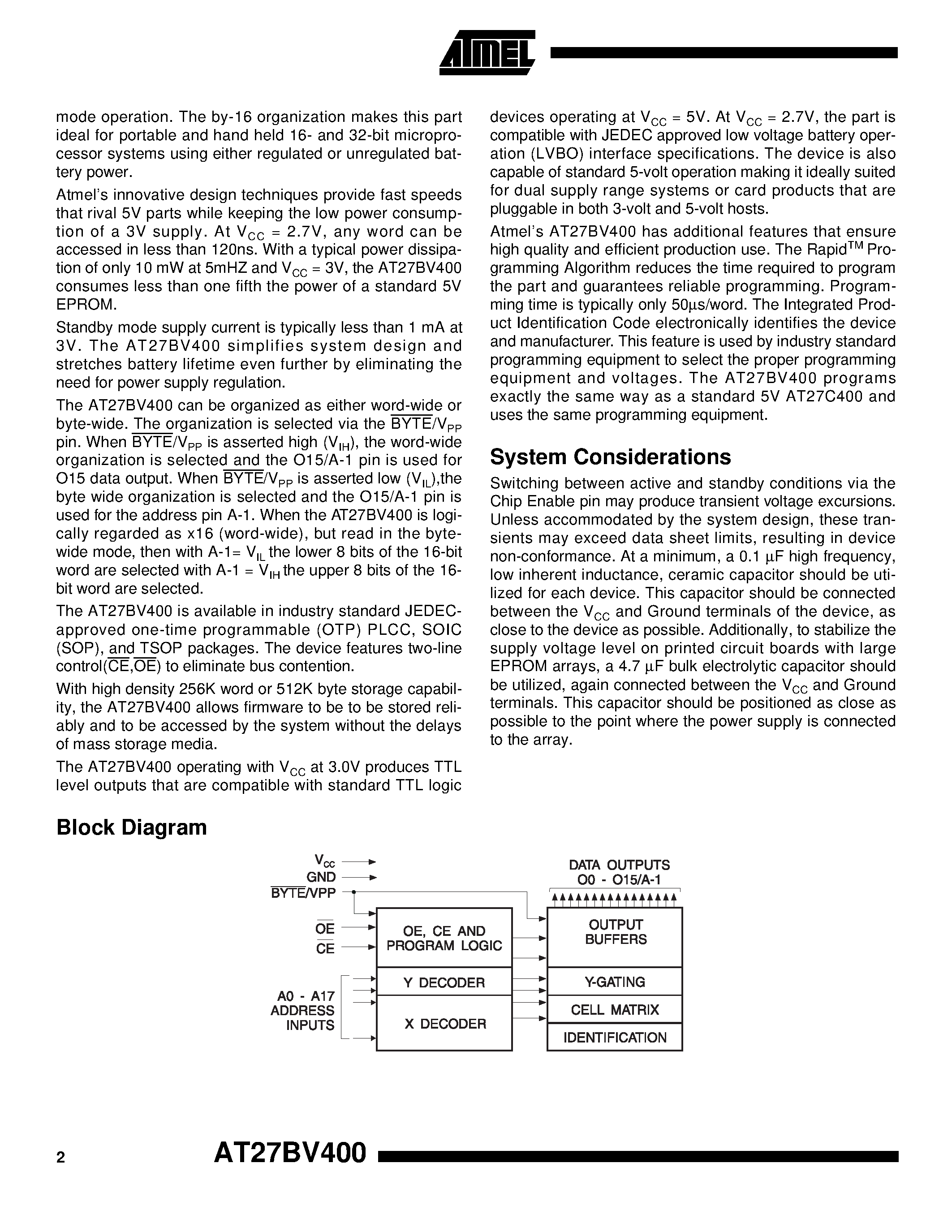 Datasheet AT27BV400 - 4-Megabit 256K x 16 or 512K x 8 Unregulated Battery-Voltage High Speed OTP EPROM page 2