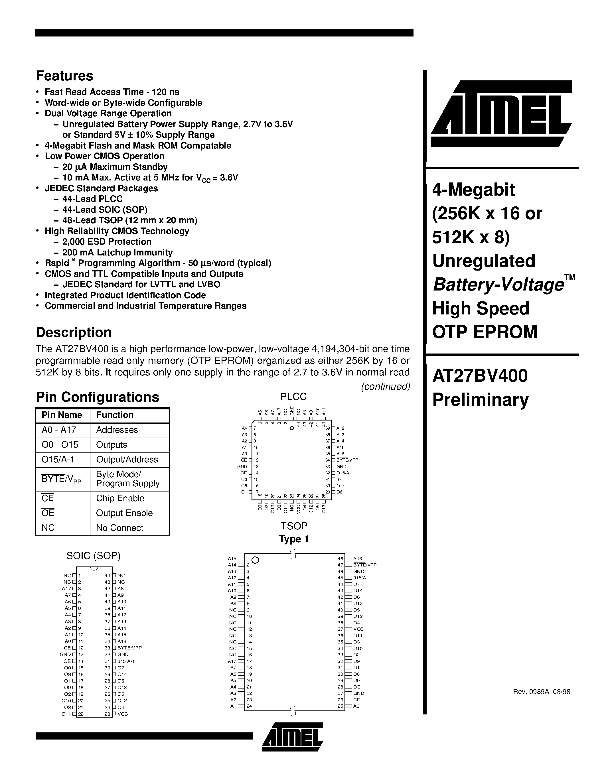 Datasheet AT27BV400-12TC - 4-Megabit 256K x 16 or 512K x 8 Unregulated Battery-Voltage High Speed OTP EPROM page 1
