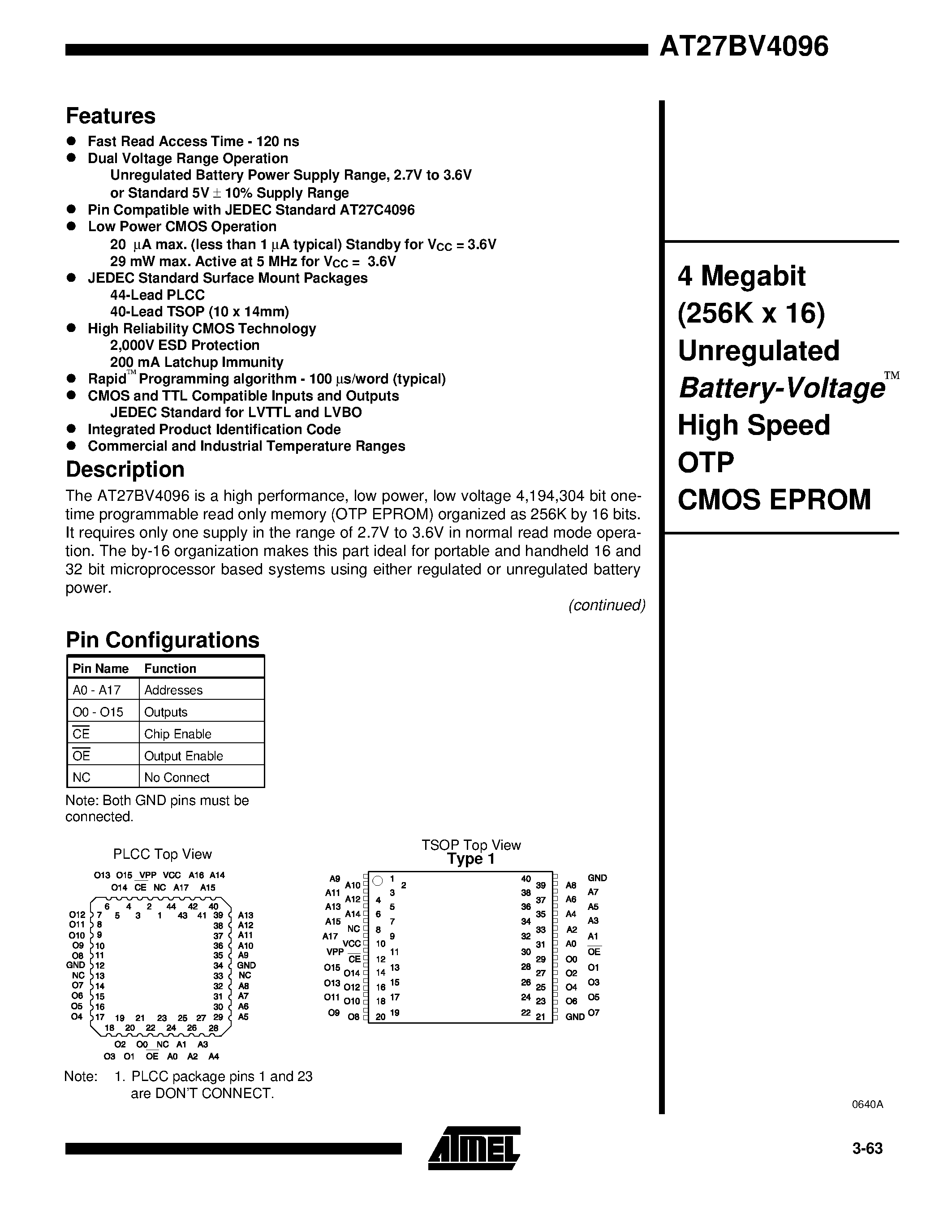 Datasheet AT27BV4096-12VI - 4 Megabit 256K x 16 Unregulated Battery-Voltage High Speed OTP CMOS EPROM page 1