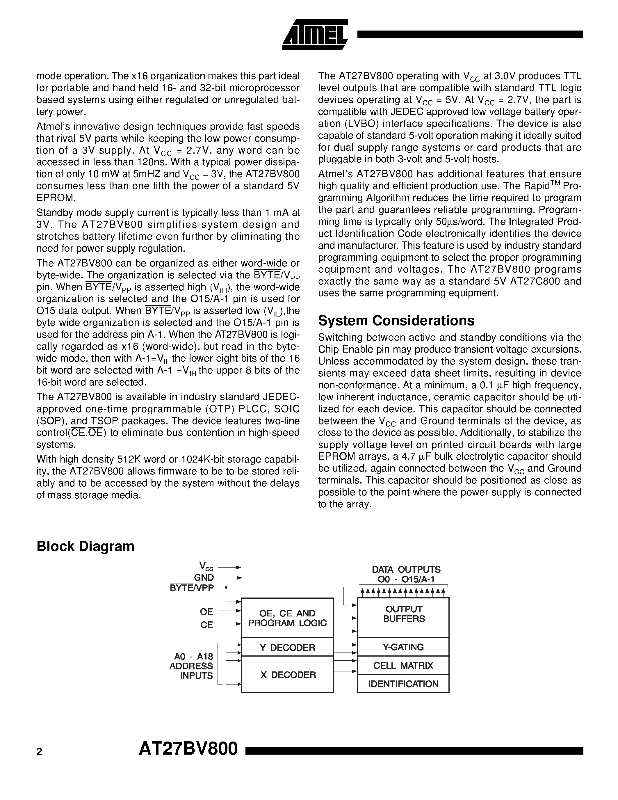 Datasheet AT27BV800-12RI page 2 Datasheet AT27BV800-12RI - 8-Megabit 512K x 16 or 1024K x 8 Unregulated Battery-Voltage High Speed OTP EPROM page 2