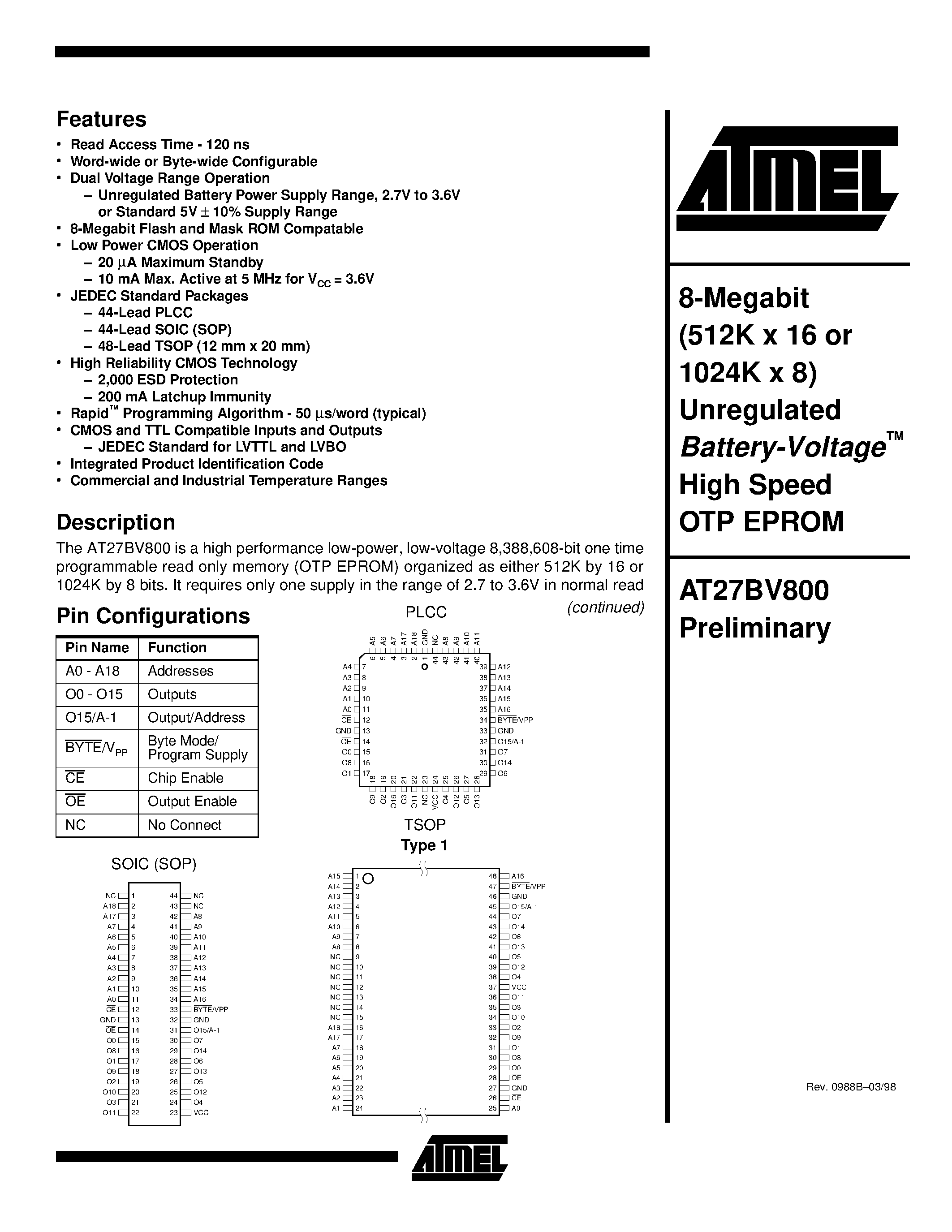 Datasheet AT27BV800-12TC - 8-Megabit 512K x 16 or 1024K x 8 Unregulated Battery-Voltage High Speed OTP EPROM page 1