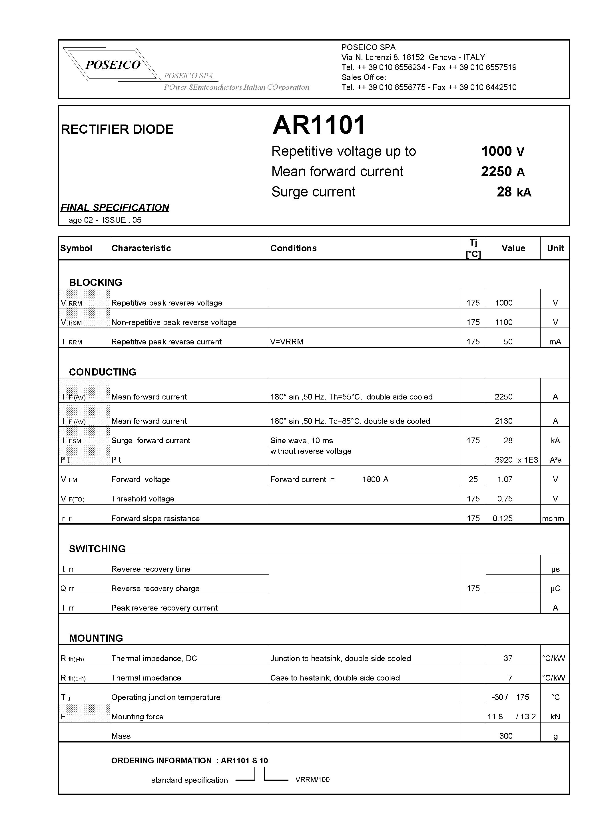 Datasheet AR1101S10 - RECTIFIER DIODE page 1