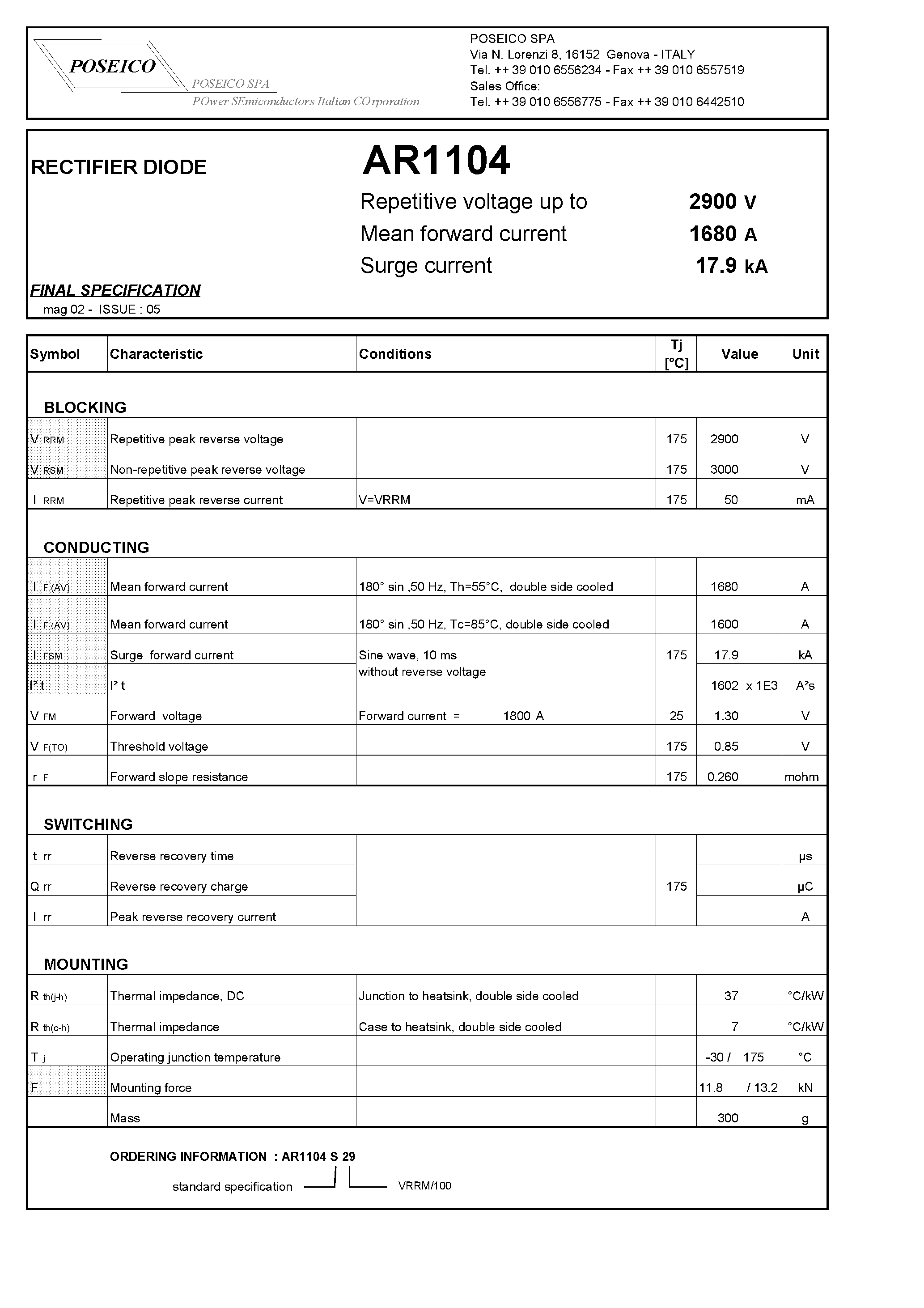 Datasheet AR1104 - RECTIFIER DIODE page 1
