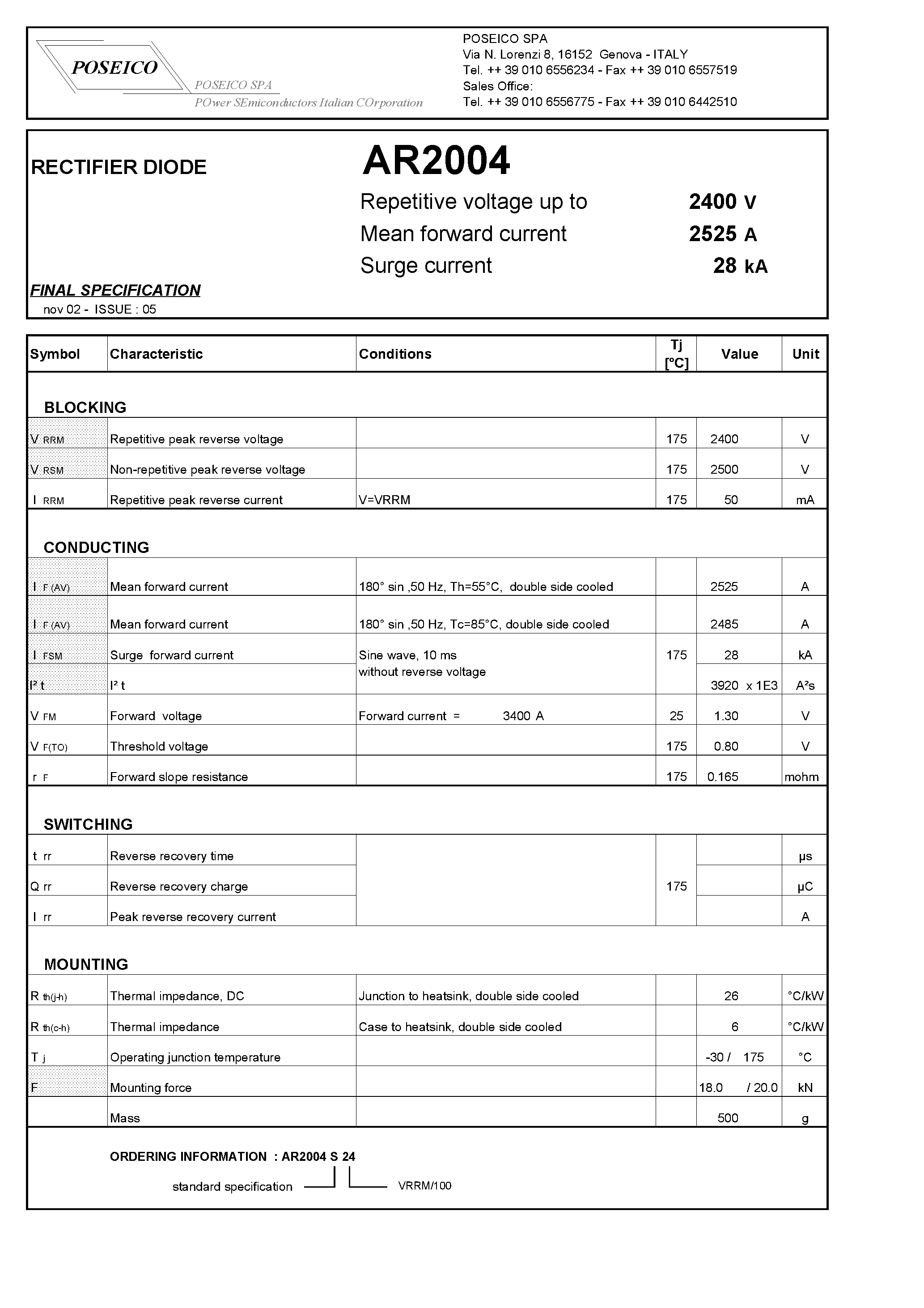 Datasheet AR2004 - RECTIFIER DIODE page 1