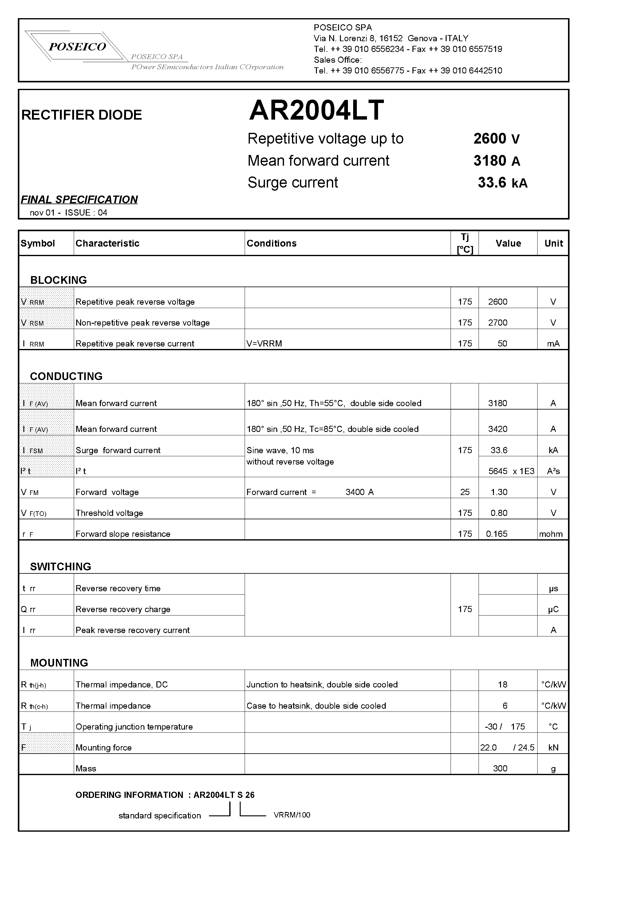 Datasheet AR2004LT - RECTIFIER DIODE page 1