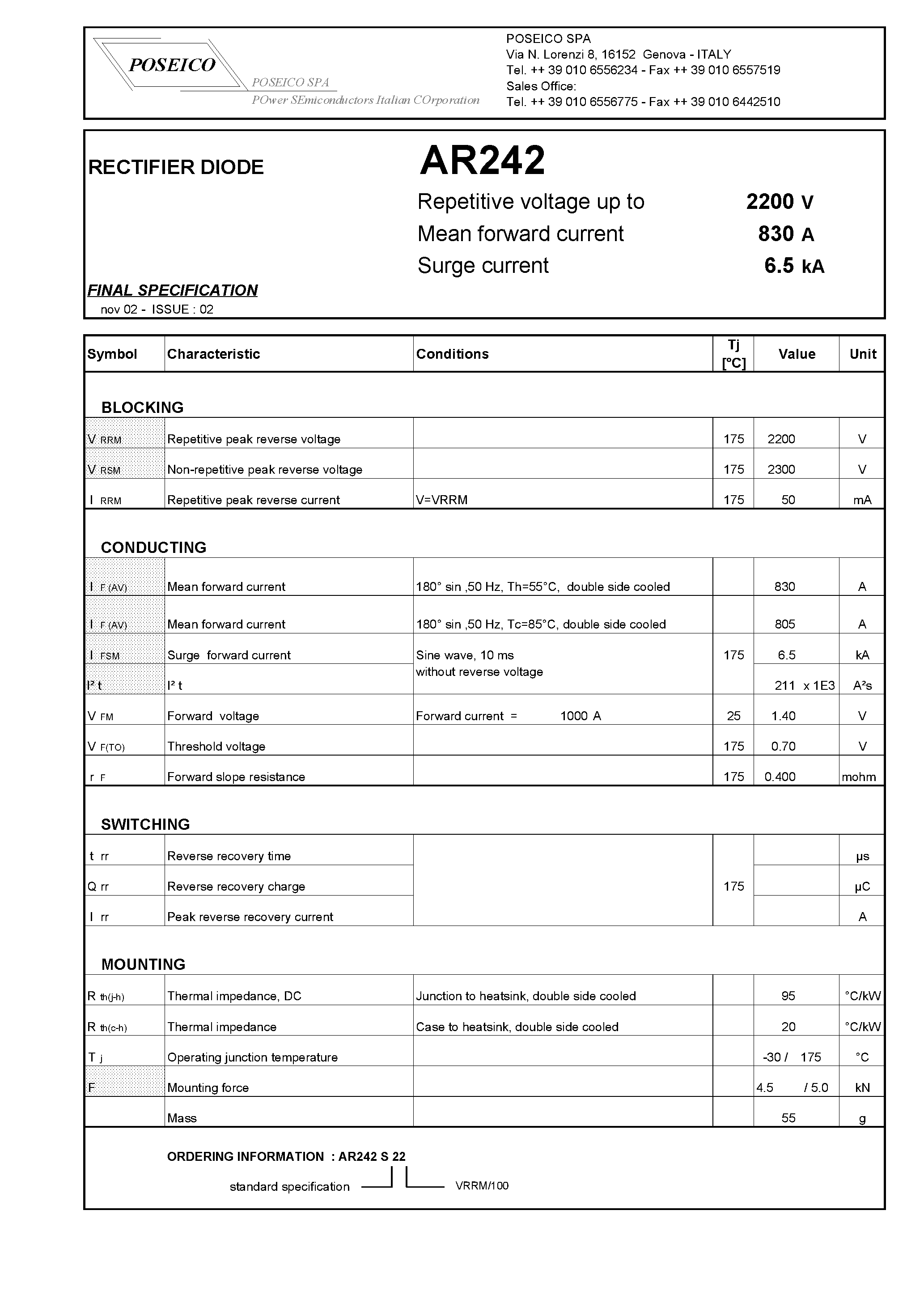 Datasheet AR242 page 1 Datasheet AR242 - RECTIFIER DIODE page 1