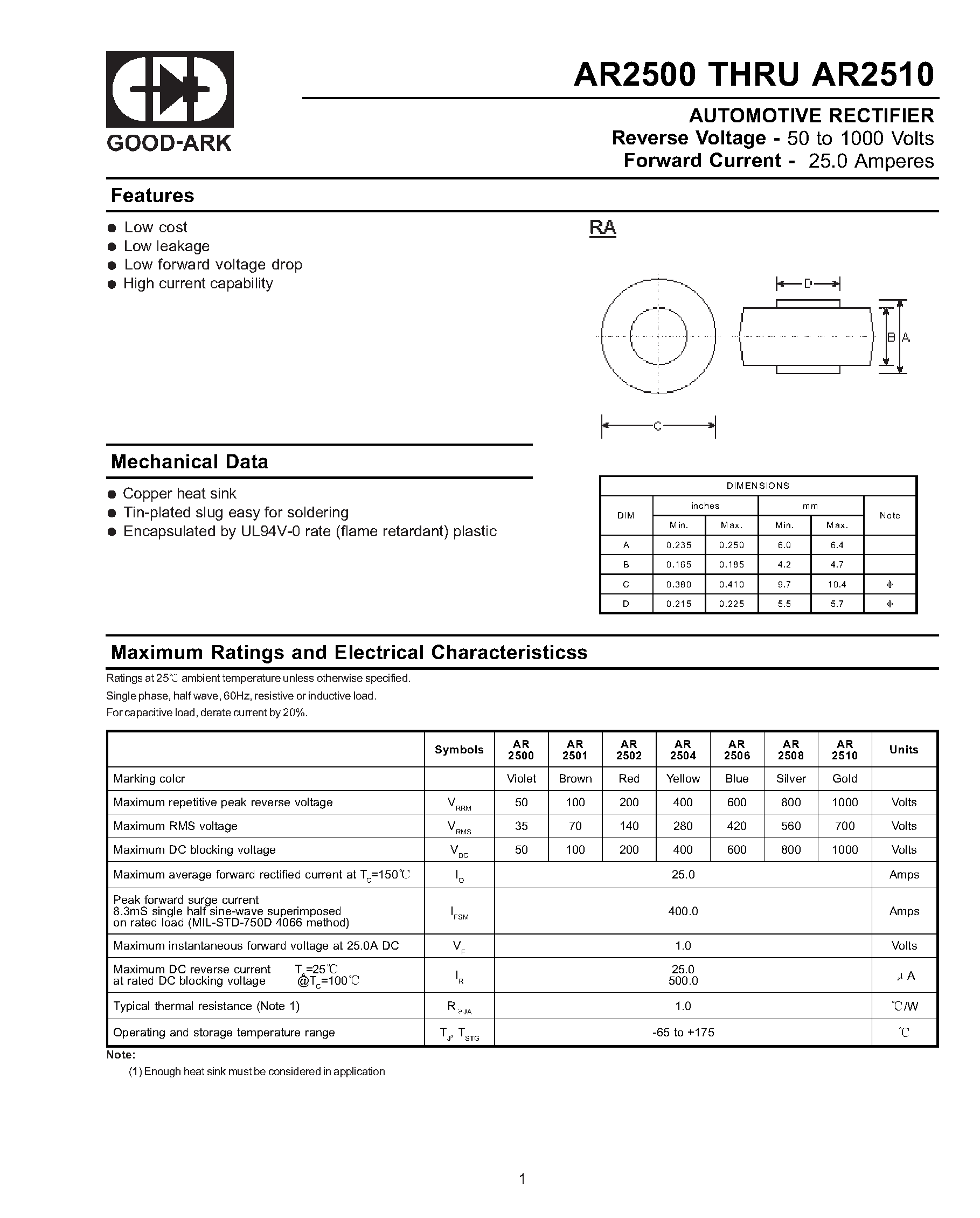 Datasheet AR2501 page 1 Datasheet AR2501 - AUTOMOTIVE RECTIFIER page 1