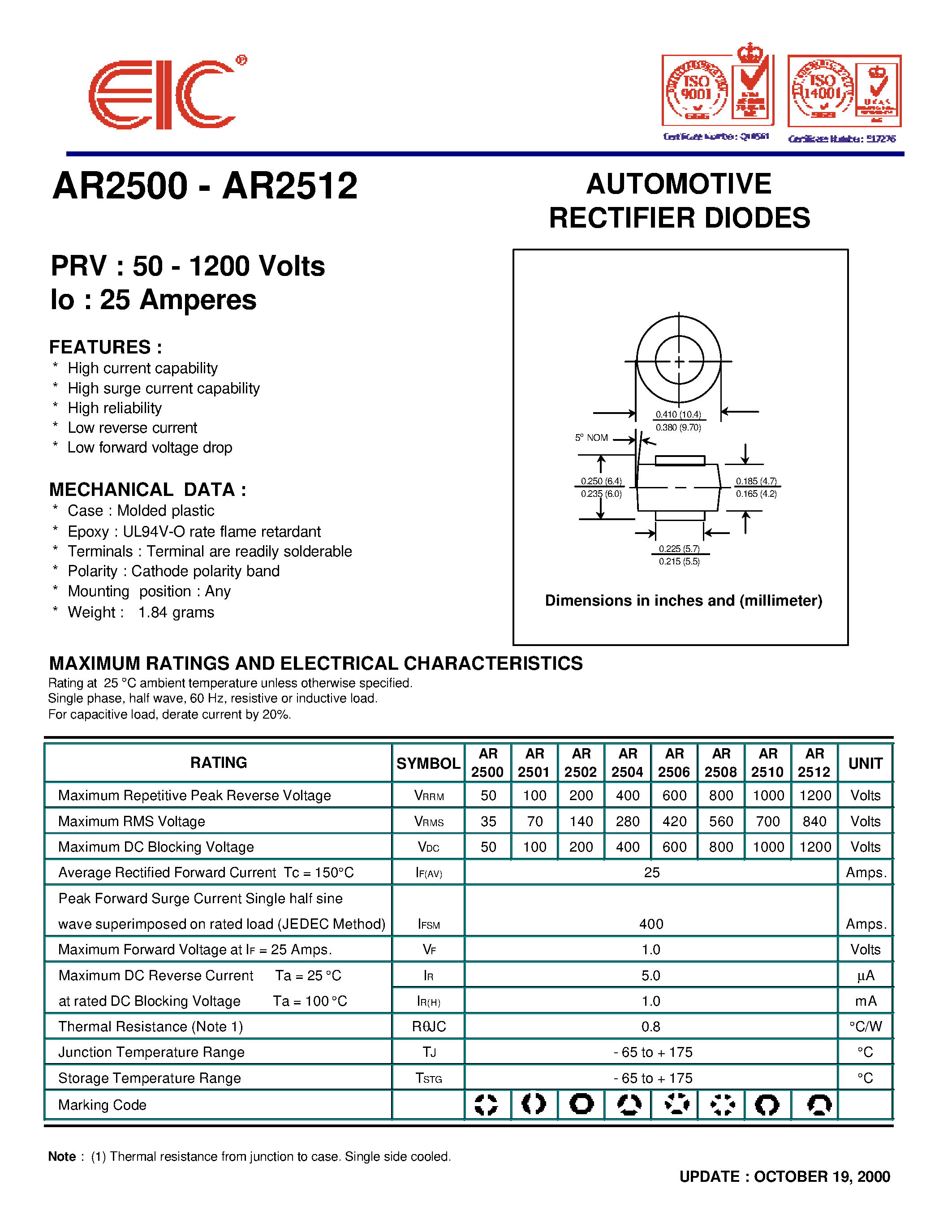 Datasheet AR2502 page 1 Datasheet AR2502 - AUTOMOTIVE RECTIFIER DIODES page 1