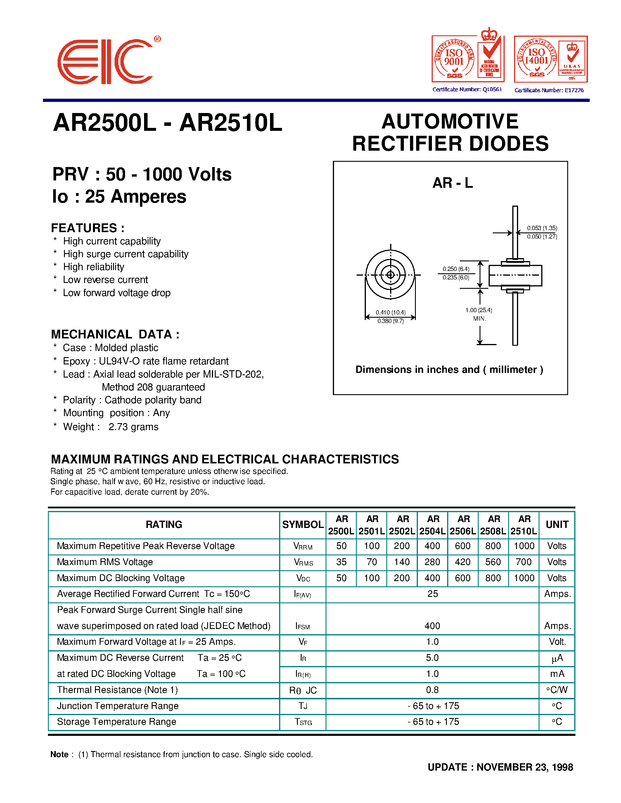 Datasheet AR2502L page 1 Datasheet AR2502L - AUTOMOTIVE RECTIFIER DIODES page 1