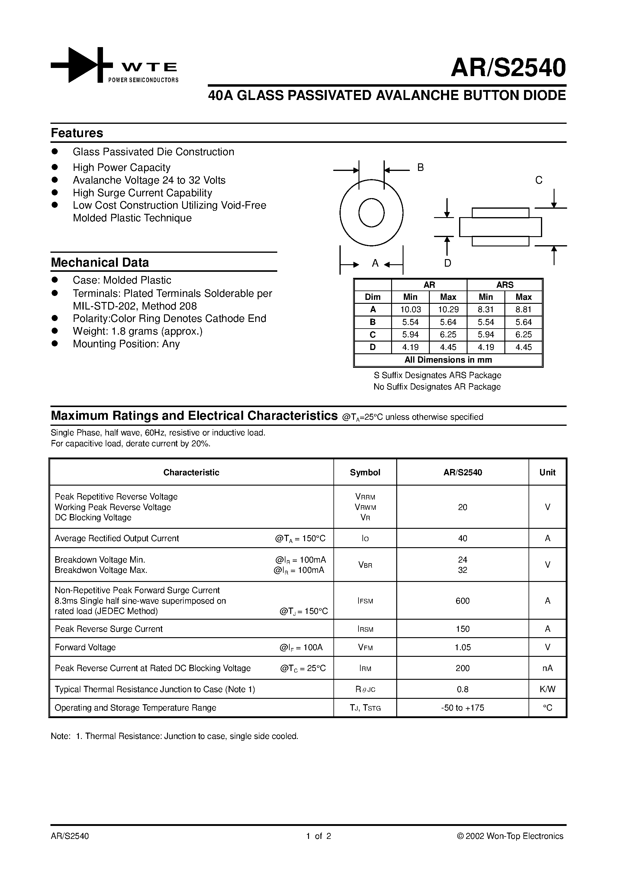 Datasheet AR2540 page 1 Datasheet AR2540 - 40A GLASS PASSIVATED AVALANCHE BUTTON DIODE page 1