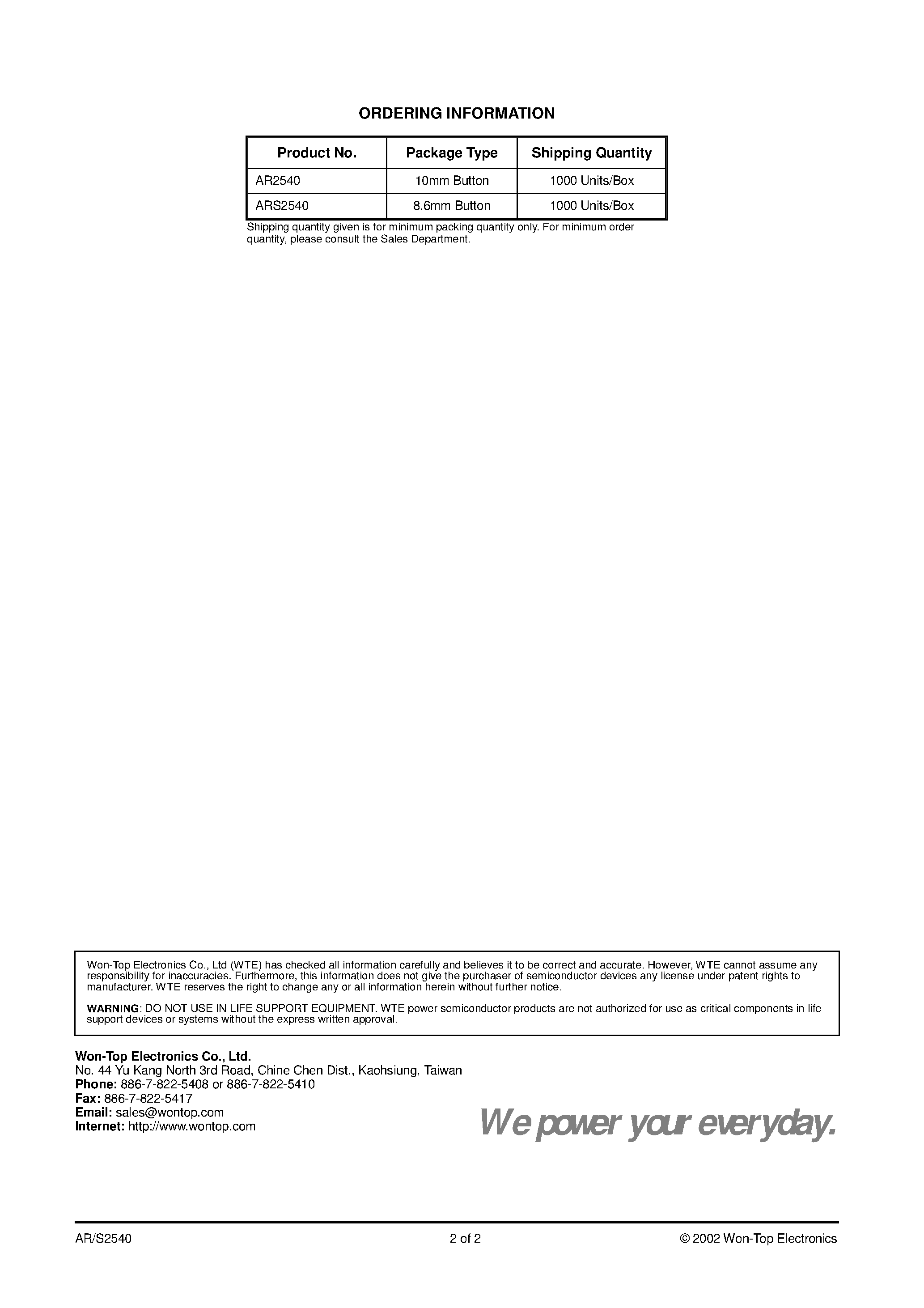 Datasheet AR2540 page 2 Datasheet AR2540 - 40A GLASS PASSIVATED AVALANCHE BUTTON DIODE page 2
