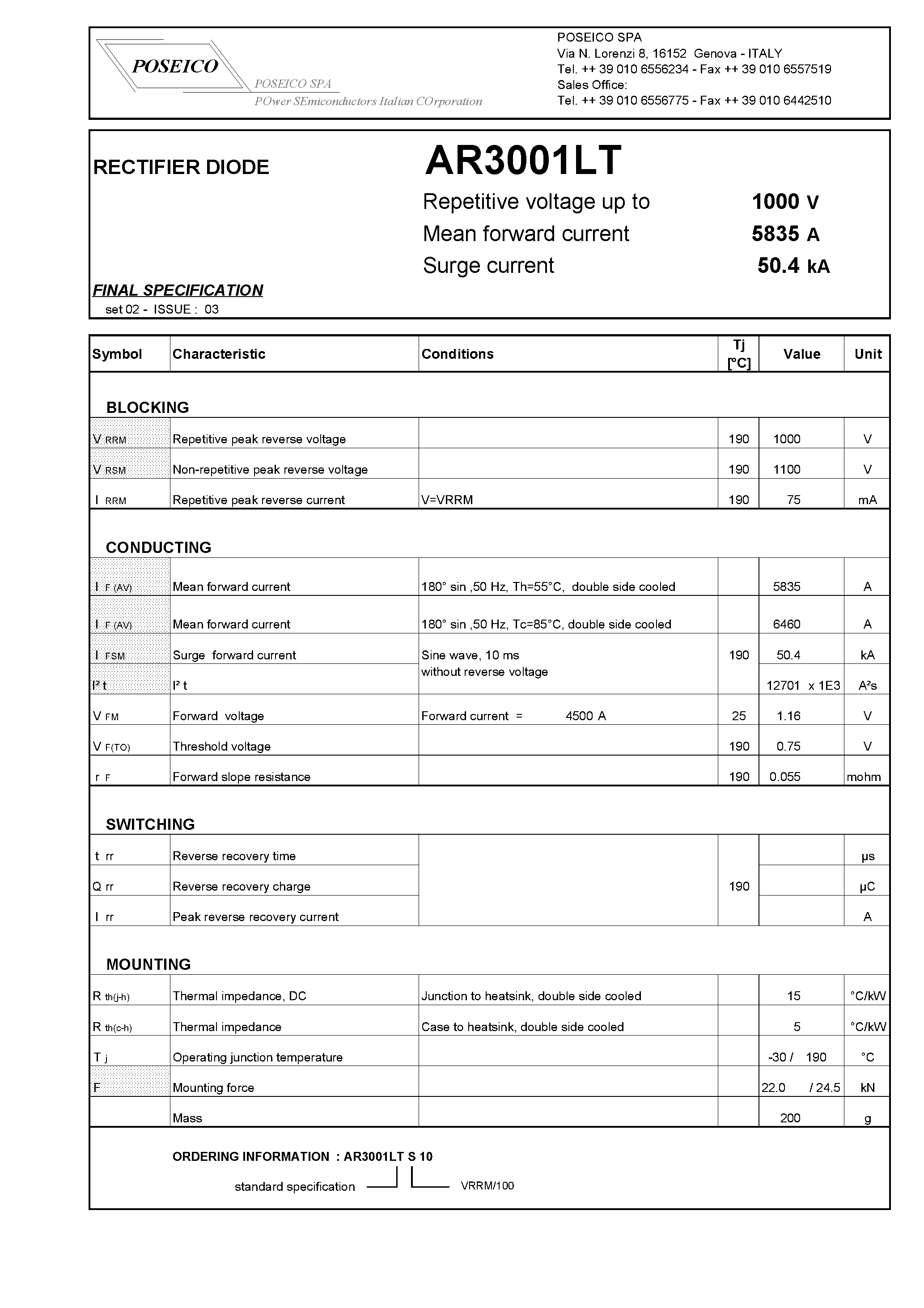 Datasheet AR3001LTS10 page 1 Datasheet AR3001LTS10 - RECTIFIER DIODE page 1
