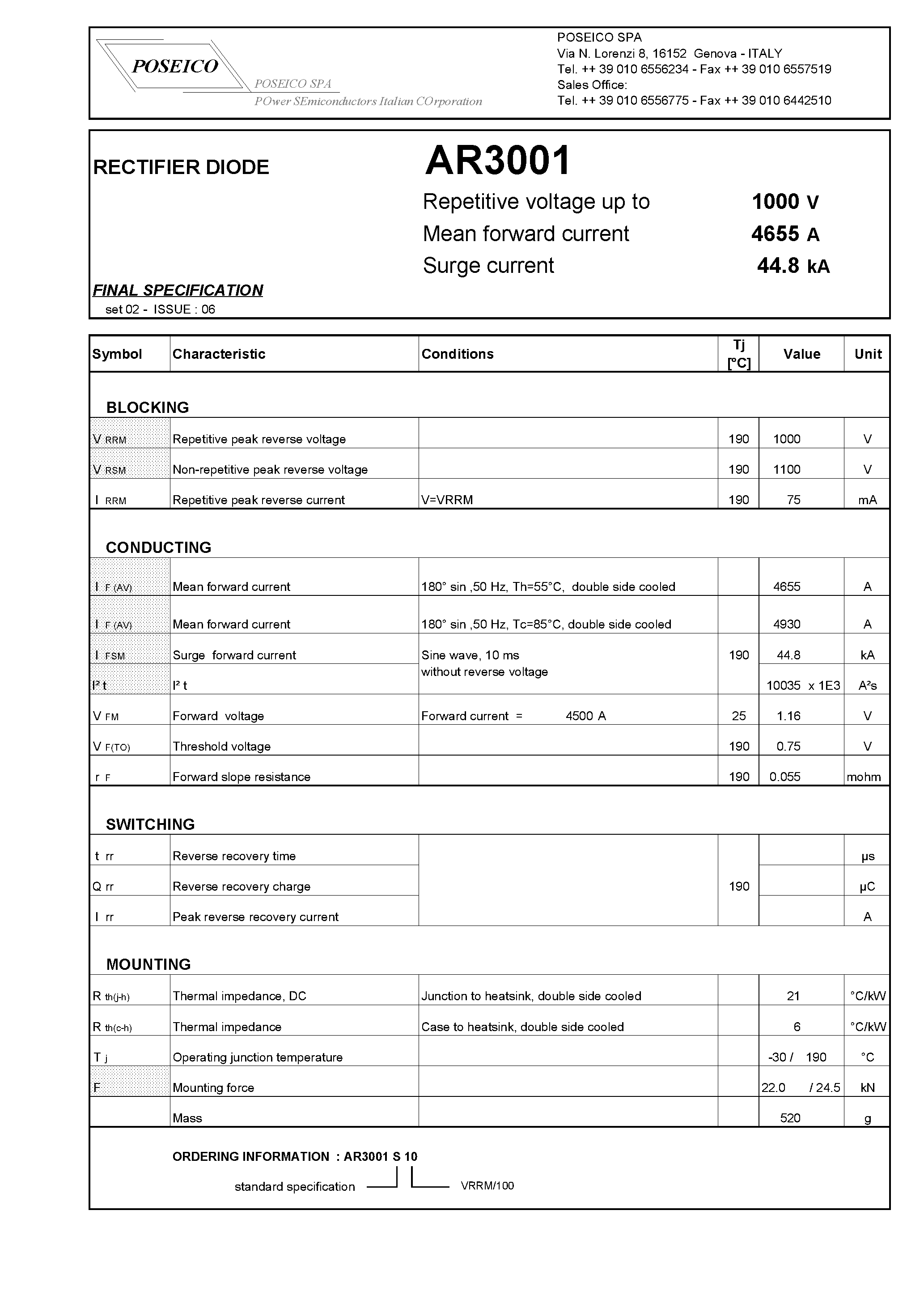 Datasheet AR3001S10 page 1 Datasheet AR3001S10 - RECTIFIER DIODE page 1