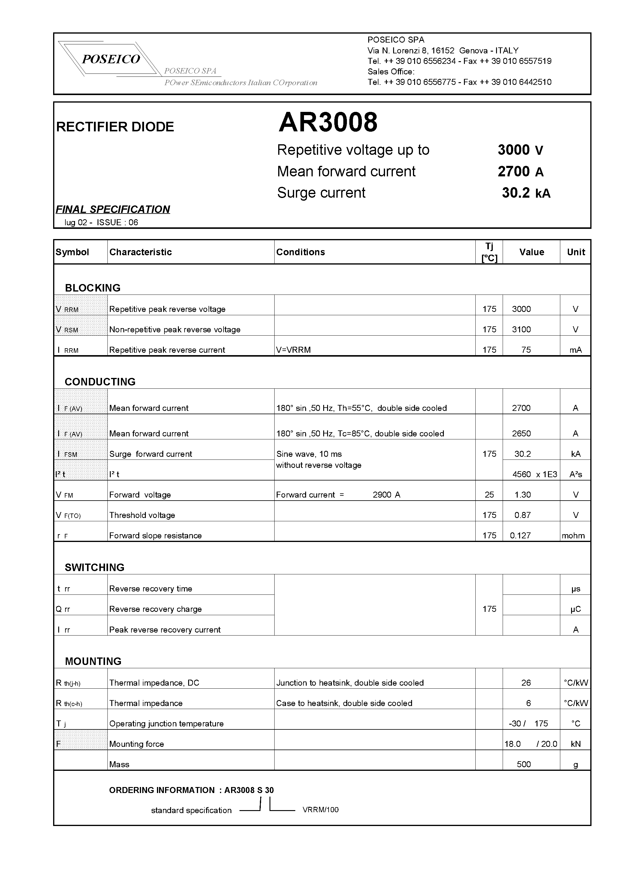 Datasheet AR3008S30 - RECTIFIER DIODE page 1