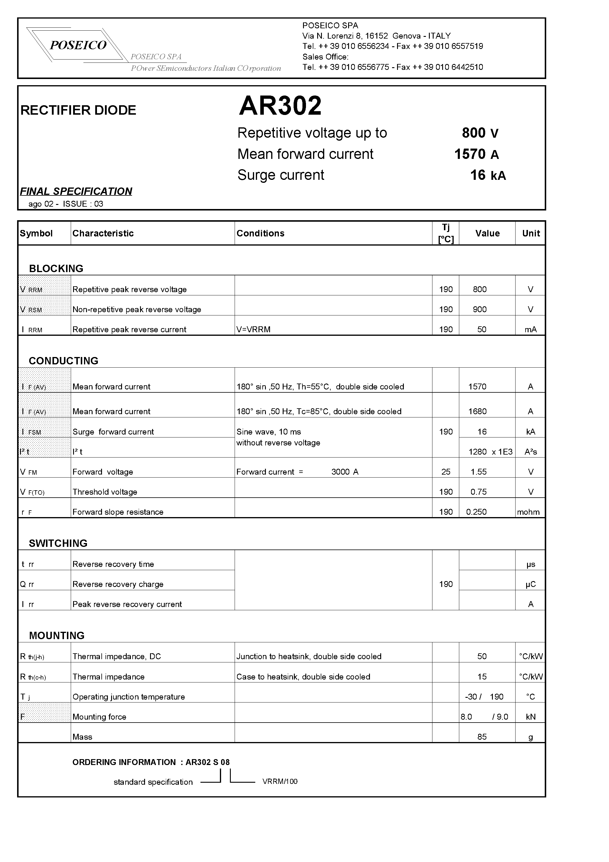 Datasheet AR302S08 - RECTIFIER DIODE page 1