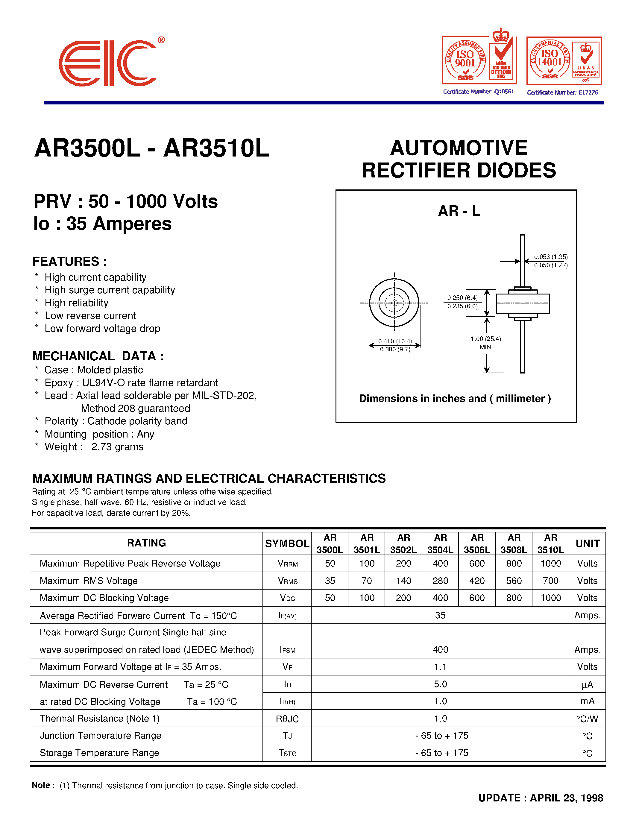 Datasheet AR3502L page 1 Datasheet AR3502L - AUTOMOTIVE RECTIFIER DIODES page 1