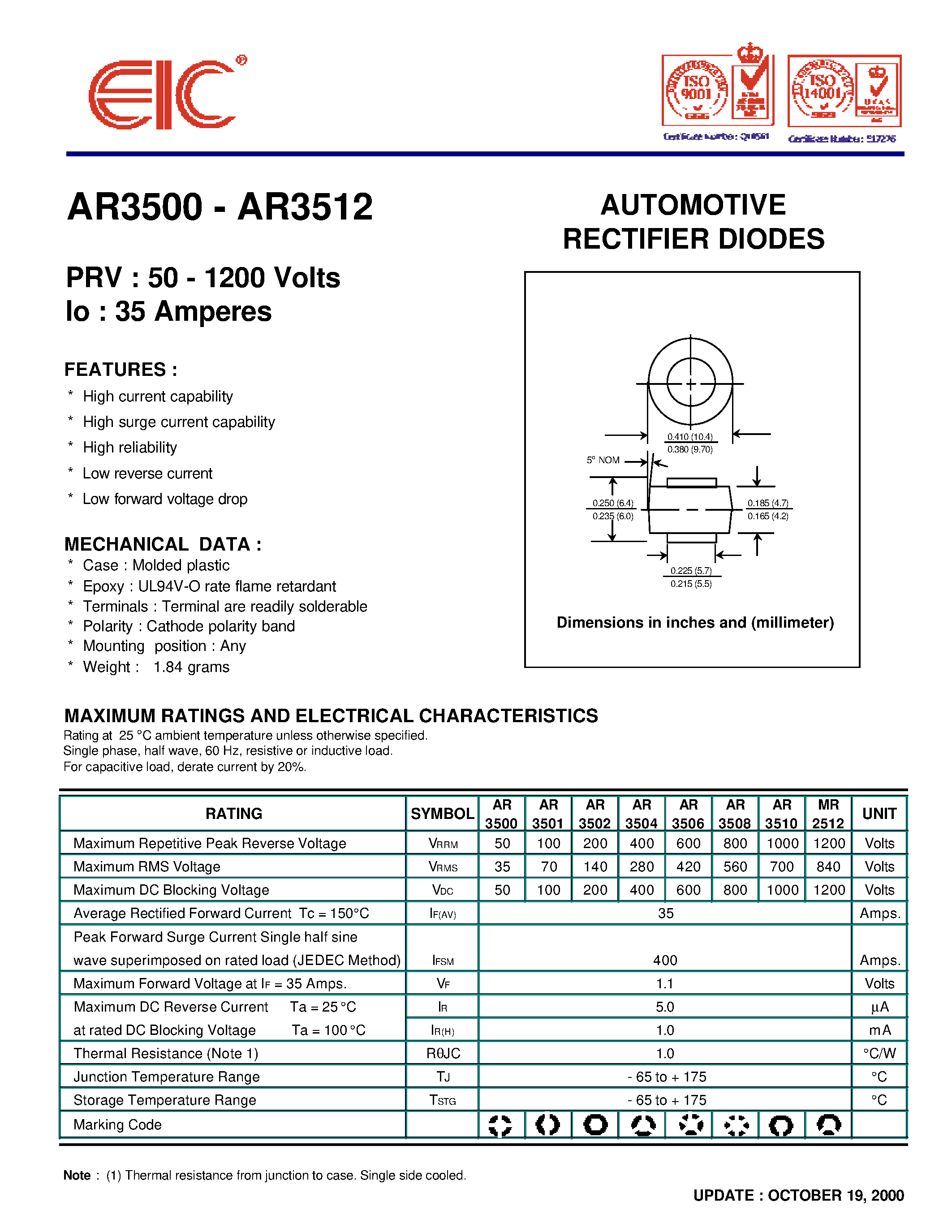 Datasheet AR3508 - AUTOMOTIVE RECTIFIER DIODES page 1