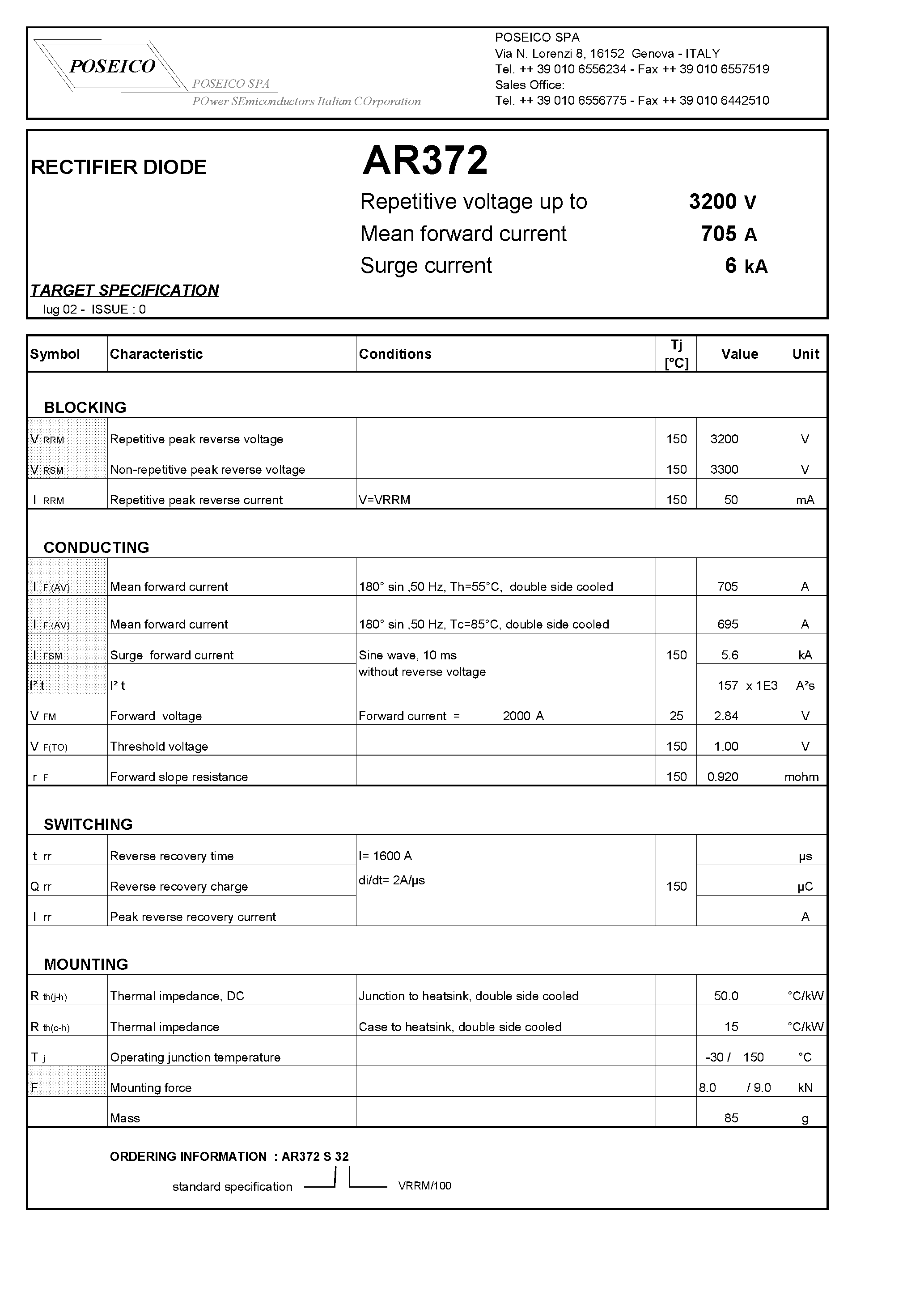 Datasheet AR372 page 1 Datasheet AR372 - RECTIFIER DIODE page 1
