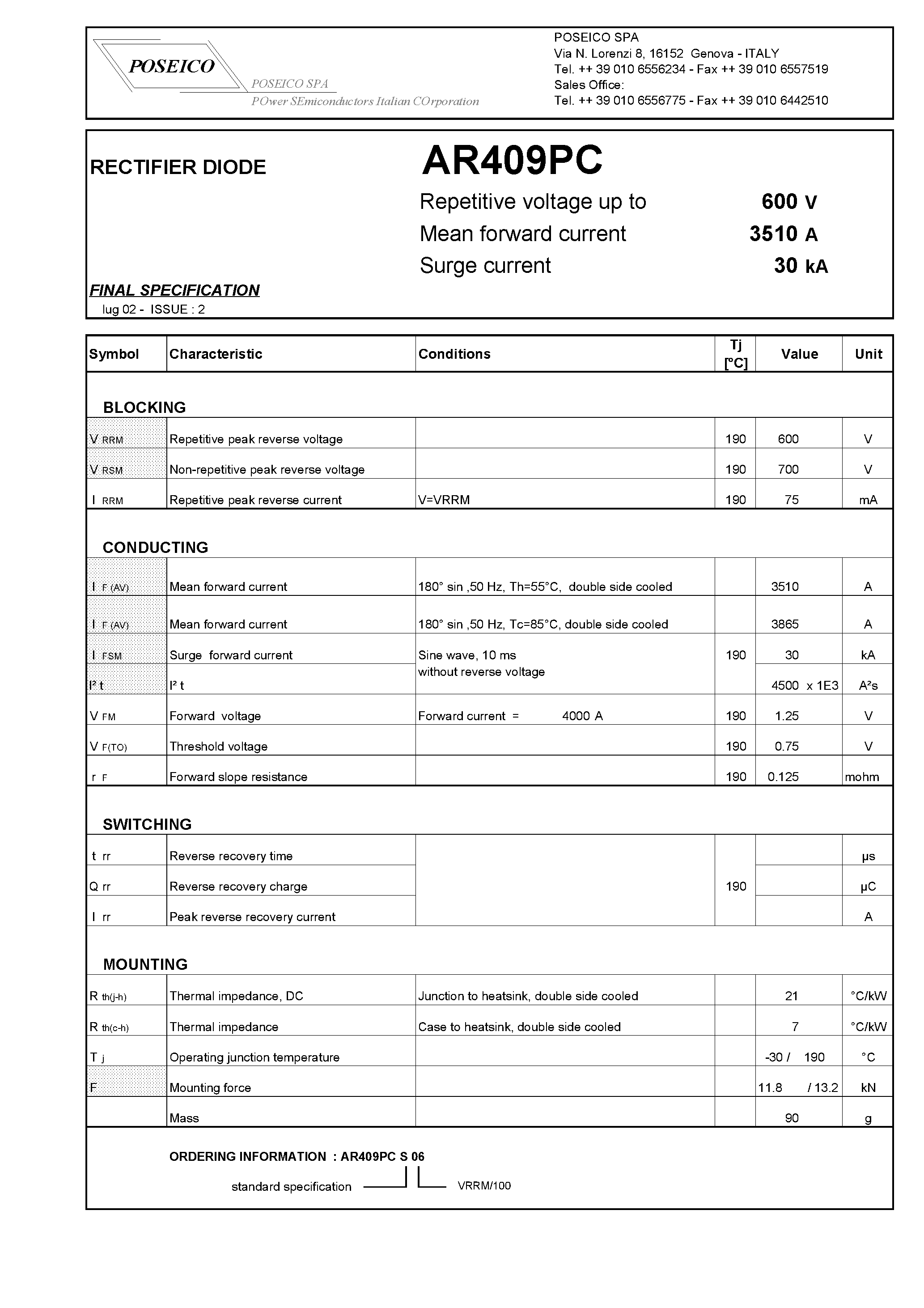 Datasheet AR409PC - RECTIFIER DIODE page 1
