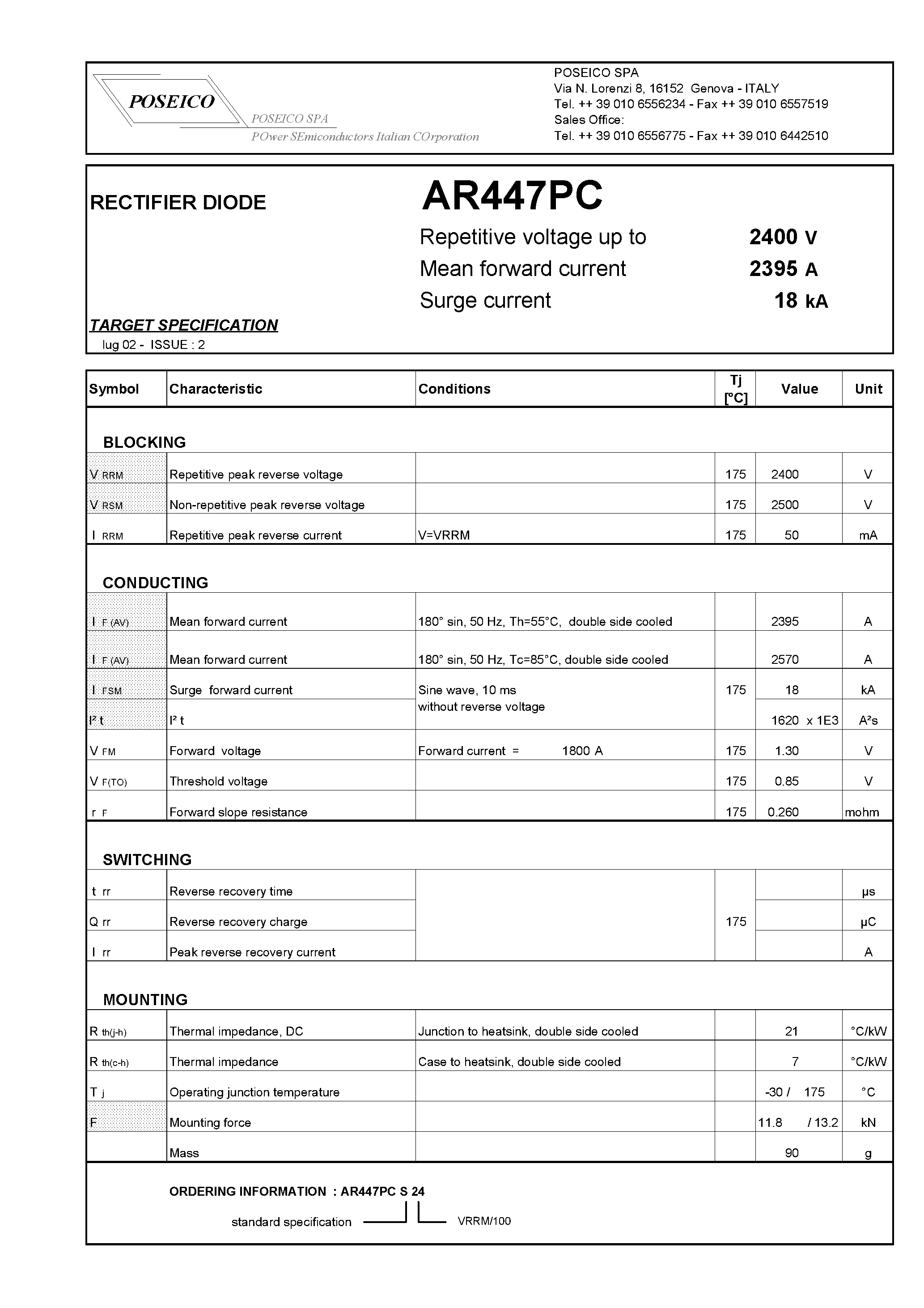 Datasheet AR447PC - RECTIFIER DIODE page 1