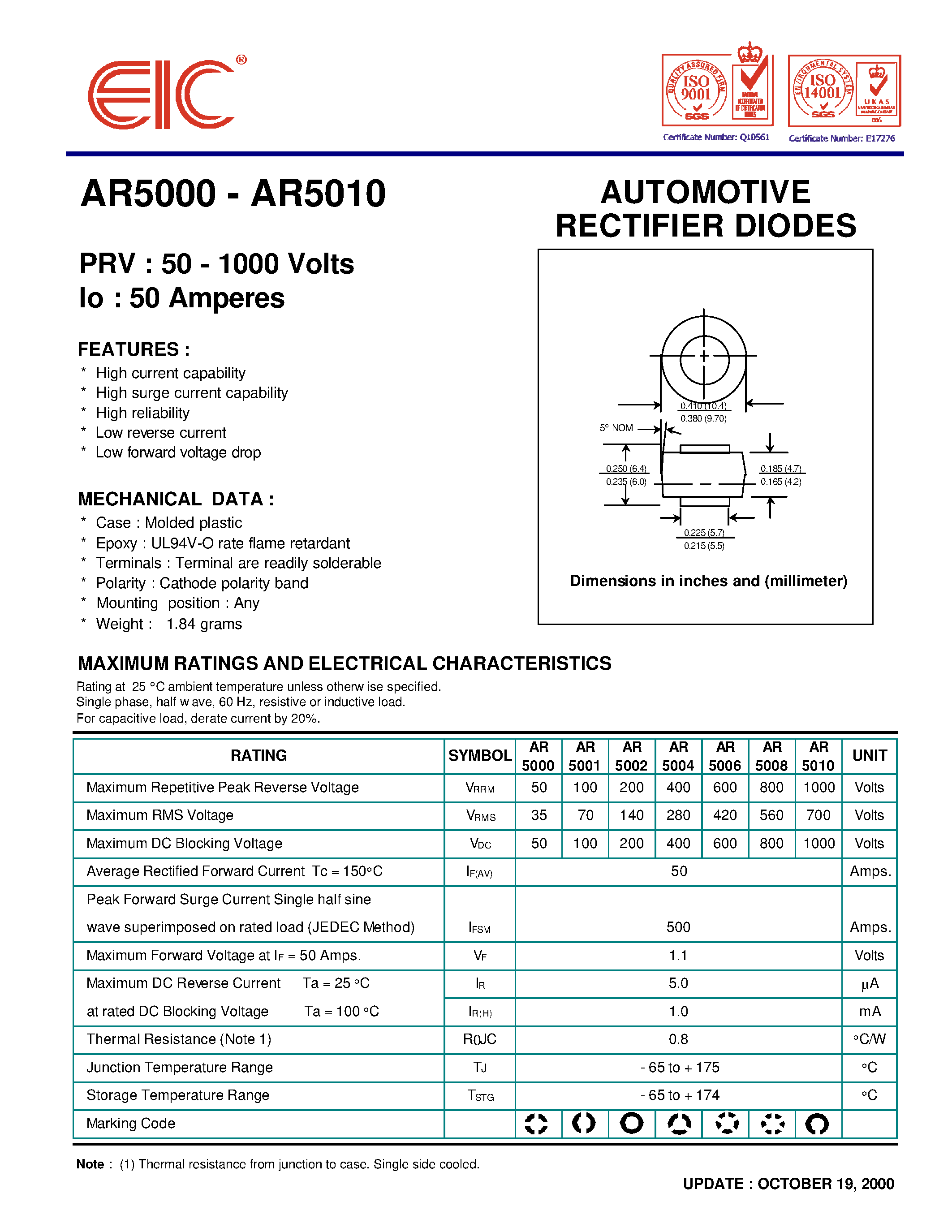 Datasheet AR5002 page 1 Datasheet AR5002 - AUTOMOTIVE RECTIFIER DIODES page 1