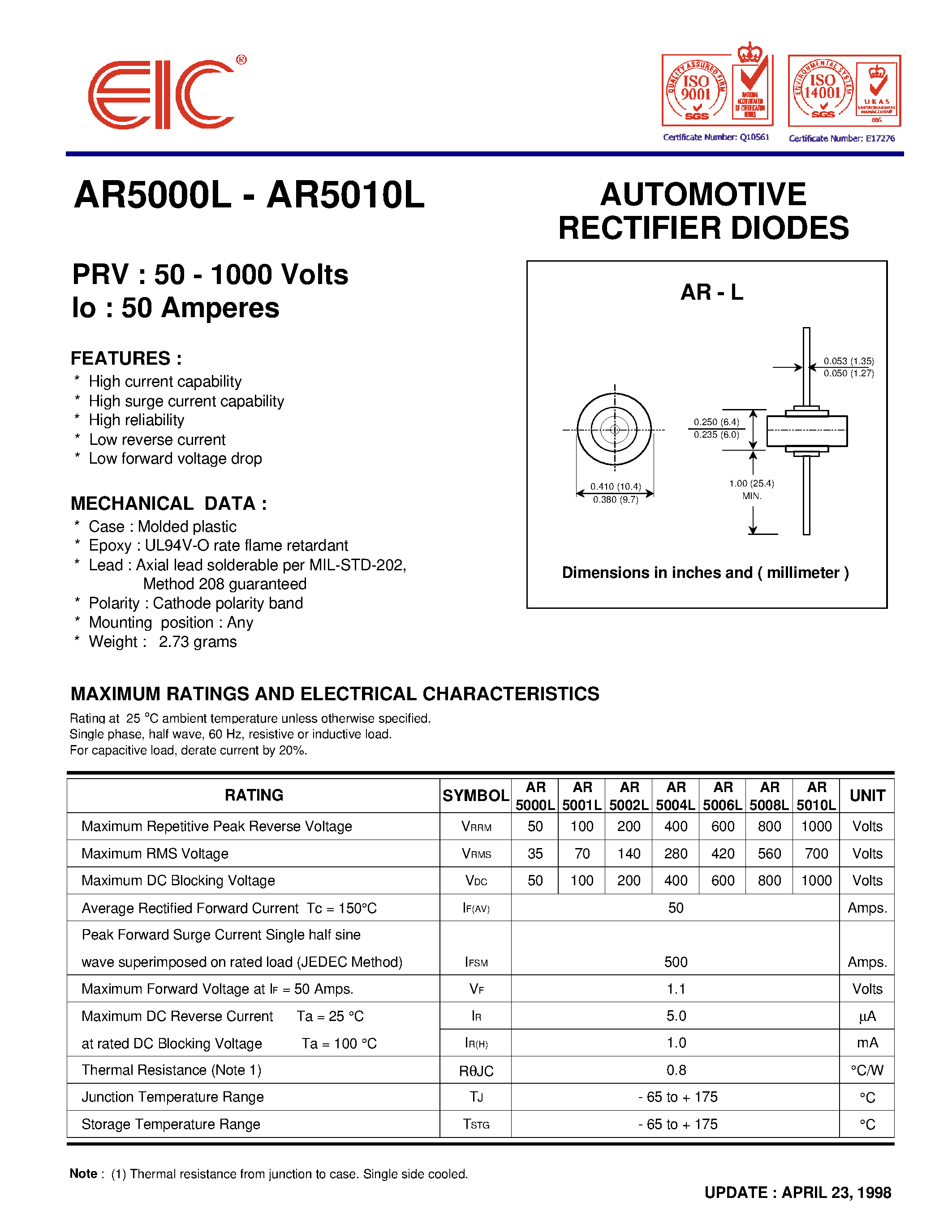Datasheet AR5008L - AUTOMOTIVE RECTIFIER DIODES page 1