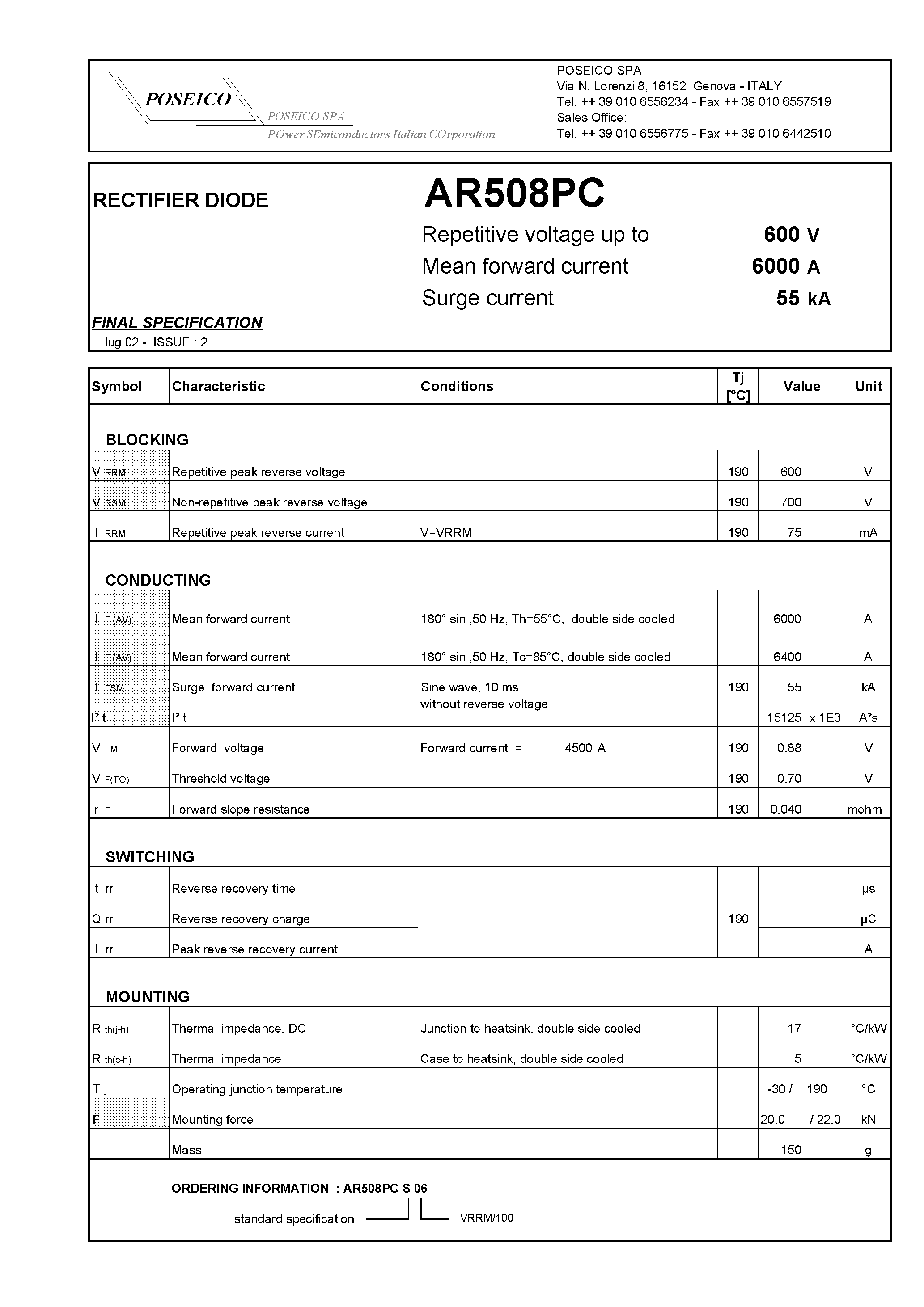Datasheet AR508PCS06 page 1 Datasheet AR508PCS06 - RECTIFIER DIODE page 1