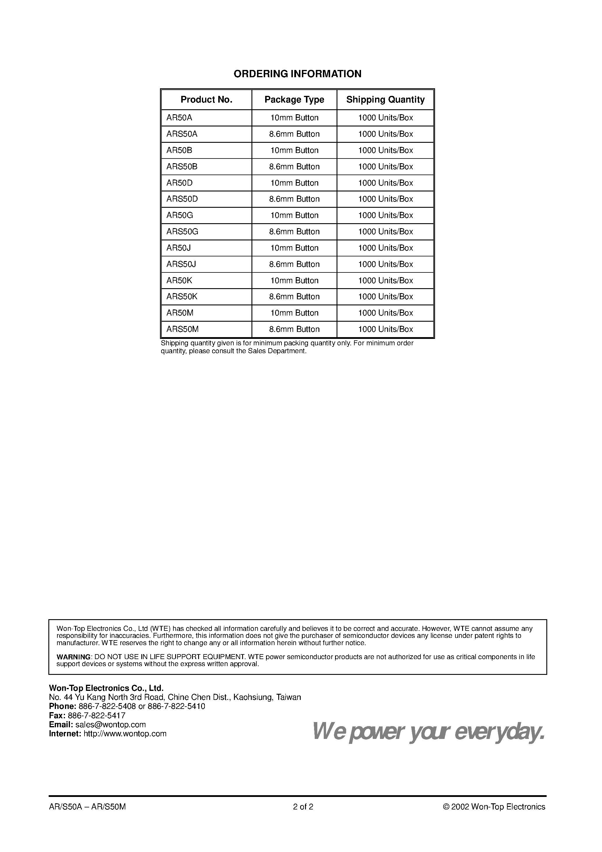 Datasheet AR50A page 2 Datasheet AR50A - 50A AUTOMOTIVE BUTTON DIODE page 2