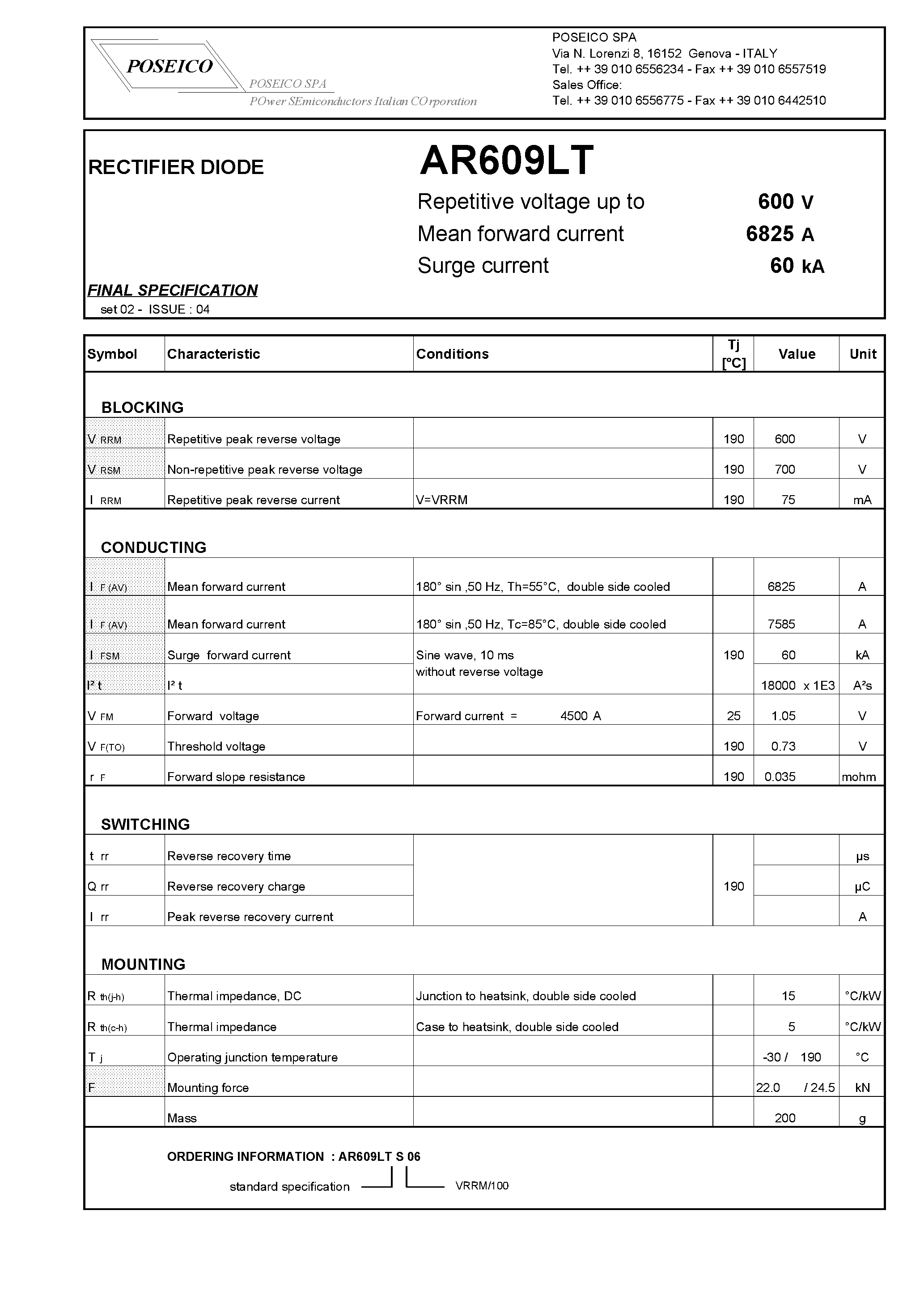 Datasheet AR609LTS06 page 1 Datasheet AR609LTS06 - RECTIFIER DIODE page 1