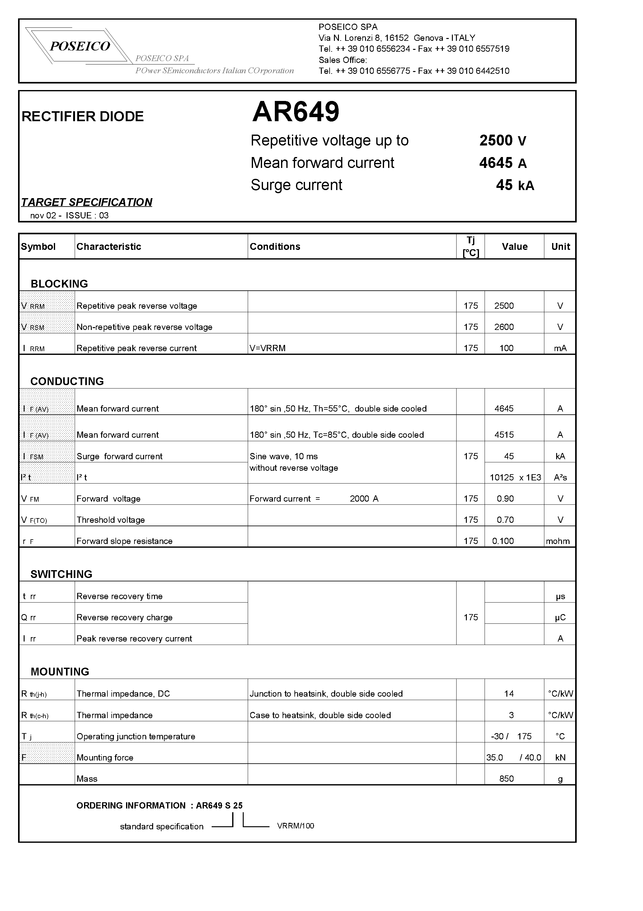 Datasheet AR649S25 page 1 Datasheet AR649S25 - RECTIFIER DIODE page 1