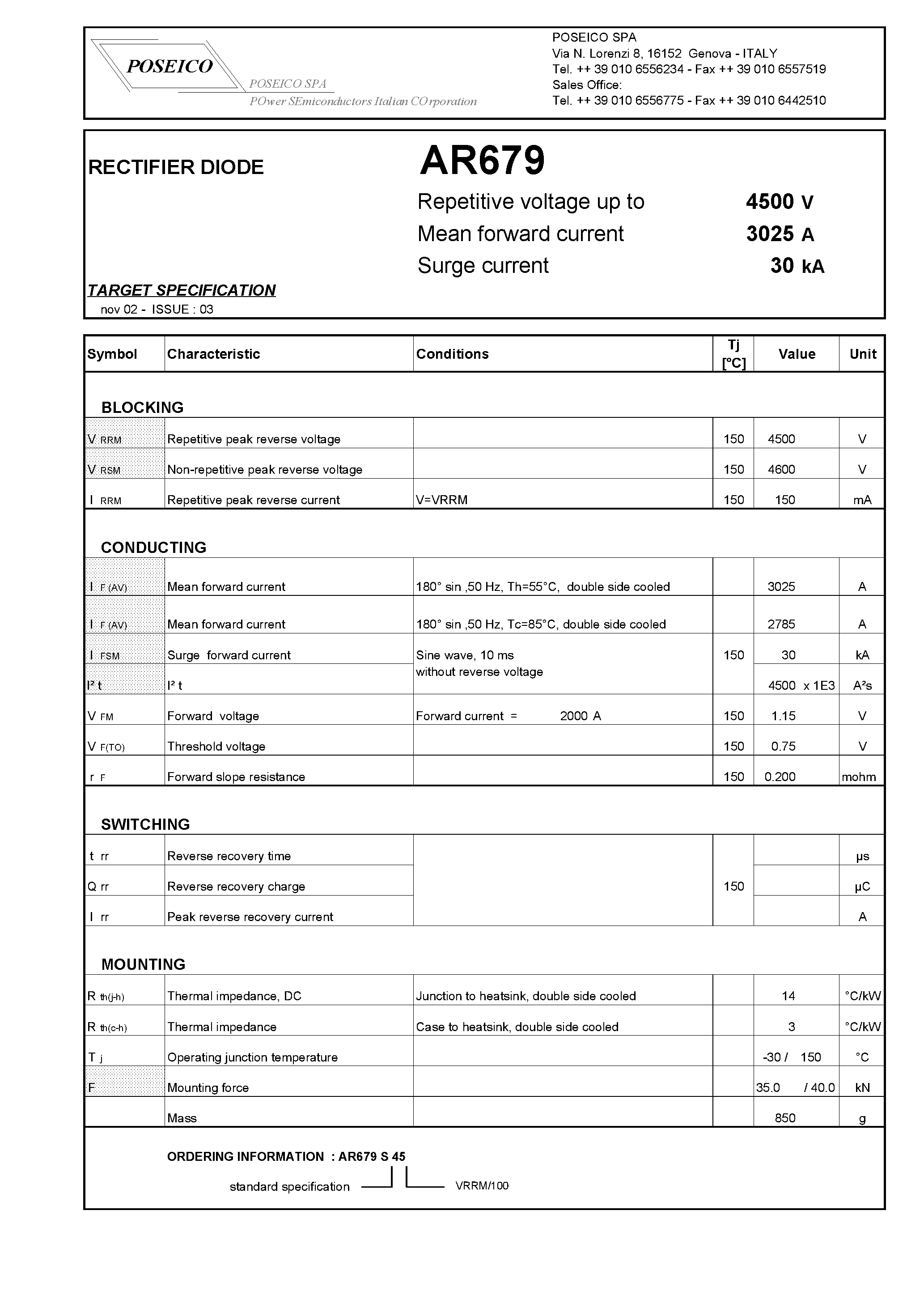 Datasheet AR679S45 page 1 Datasheet AR679S45 - RECTIFIER DIODE page 1