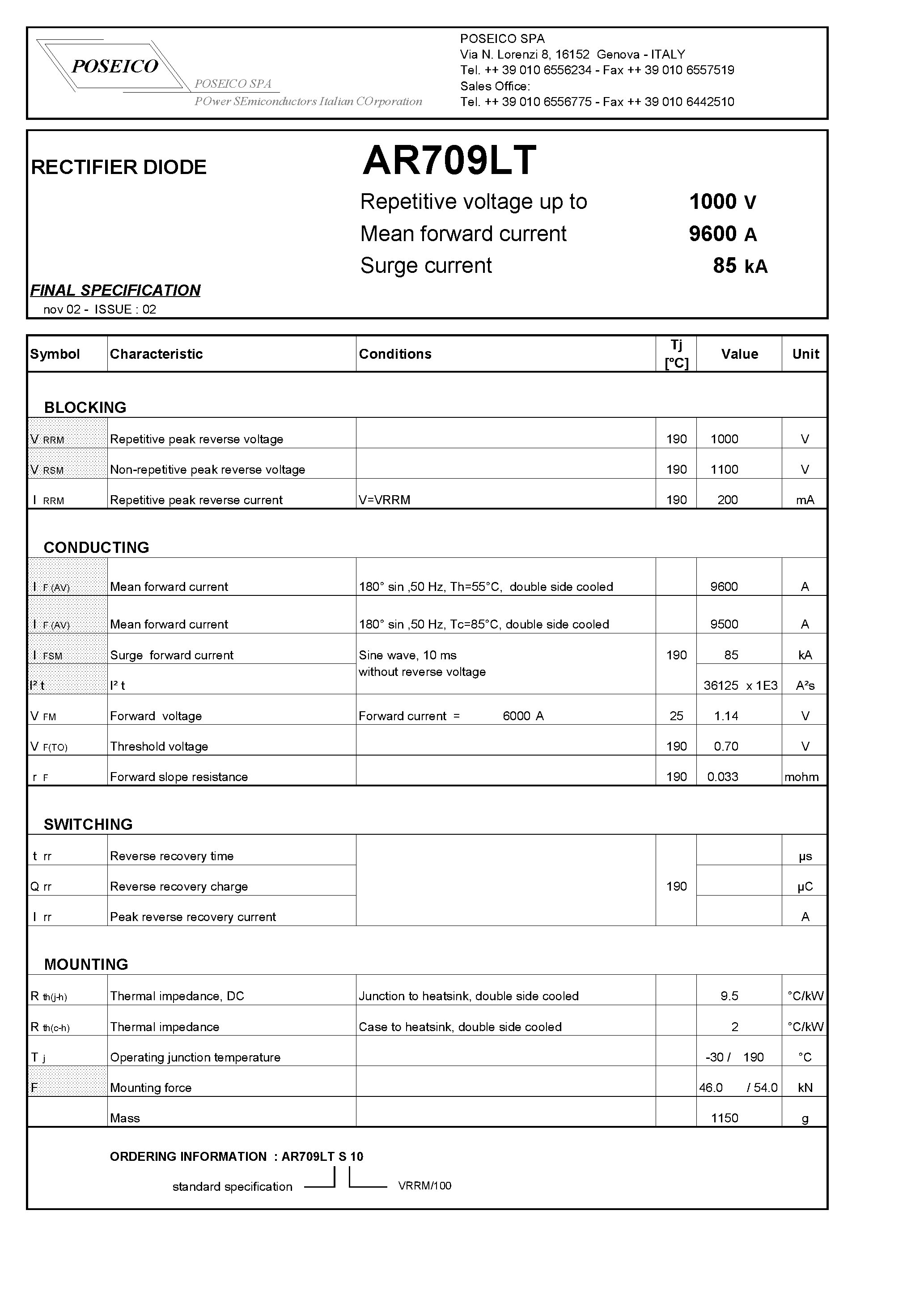 Datasheet AR709LT - RECTIFIER DIODE page 1