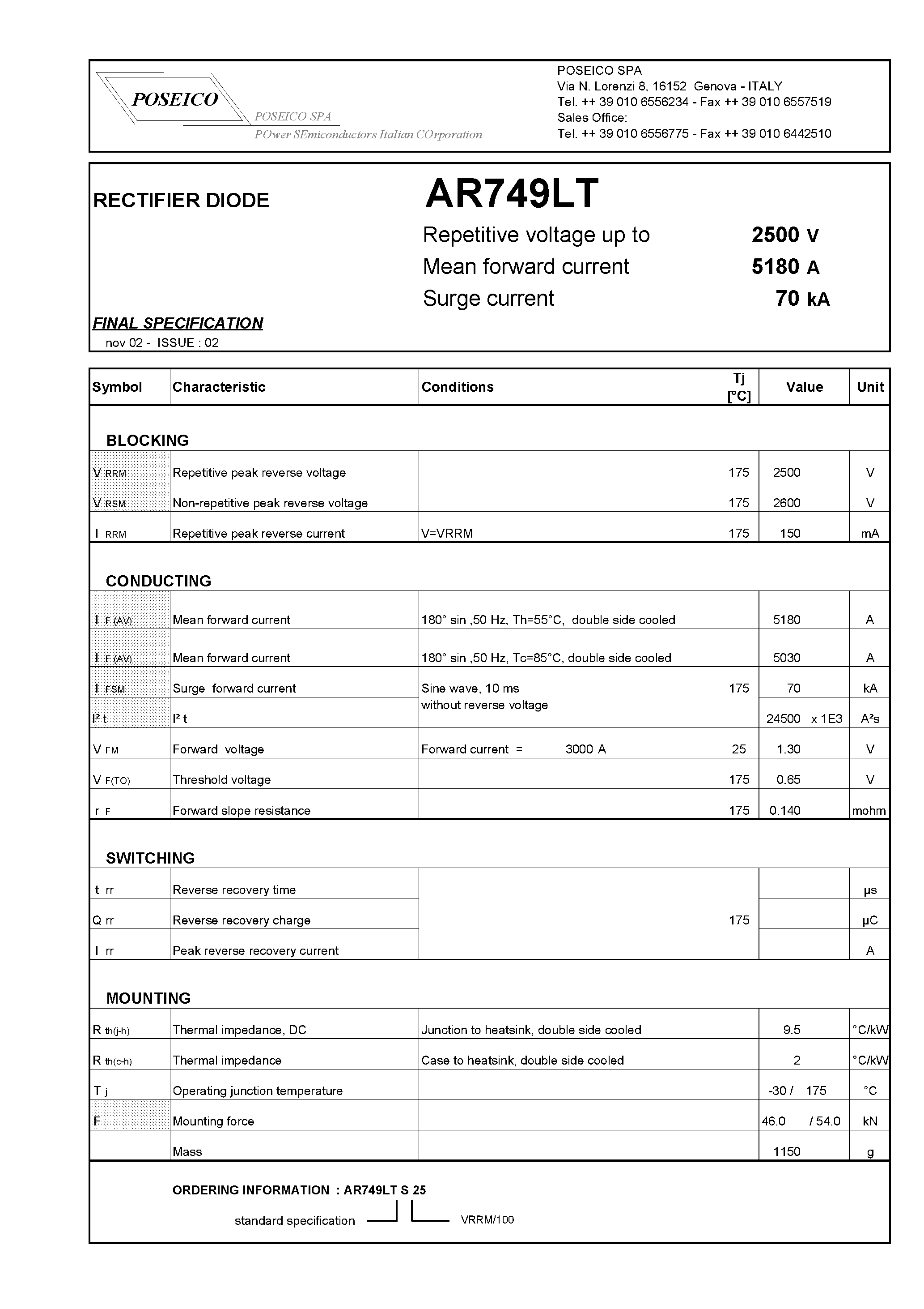 Datasheet AR749LTS25 - RECTIFIER DIODE page 1